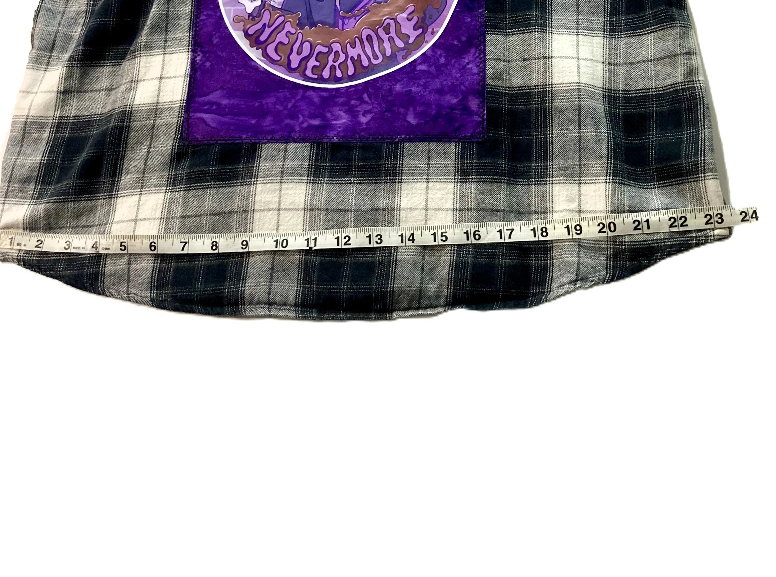 Upcycled Reworked Black White Grunge Flannel Edgar Allan Poe Artwork Purple Across Base.jpeg