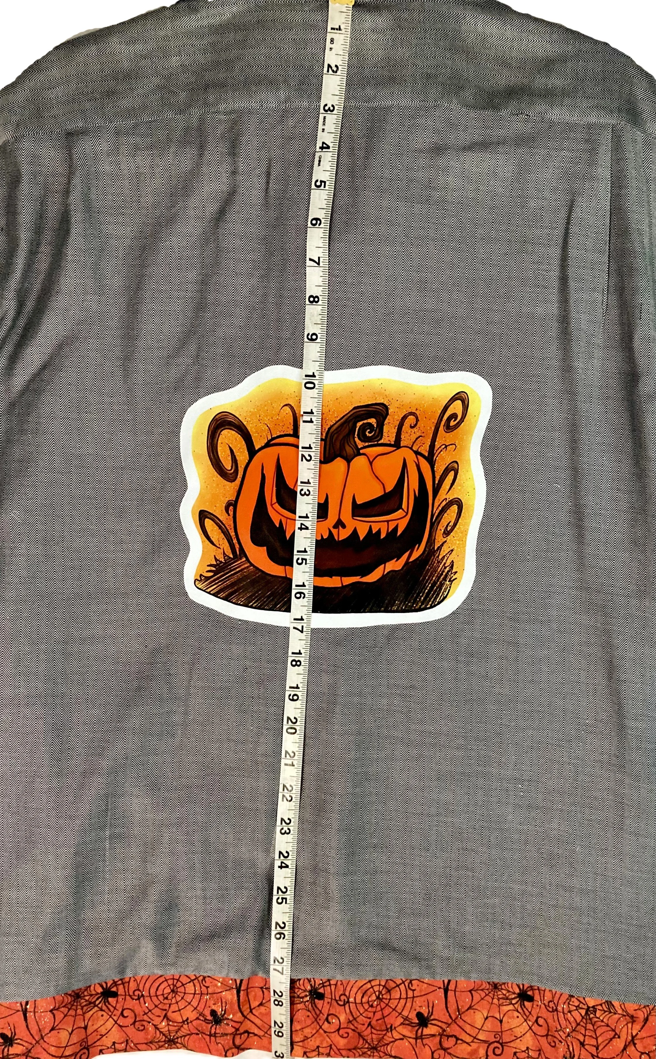 Upcycled Reworked Scary Pumpkin Orange Black Spiderweb Trim Halloween Artwork Unisex Demension Neck to Base.jpeg