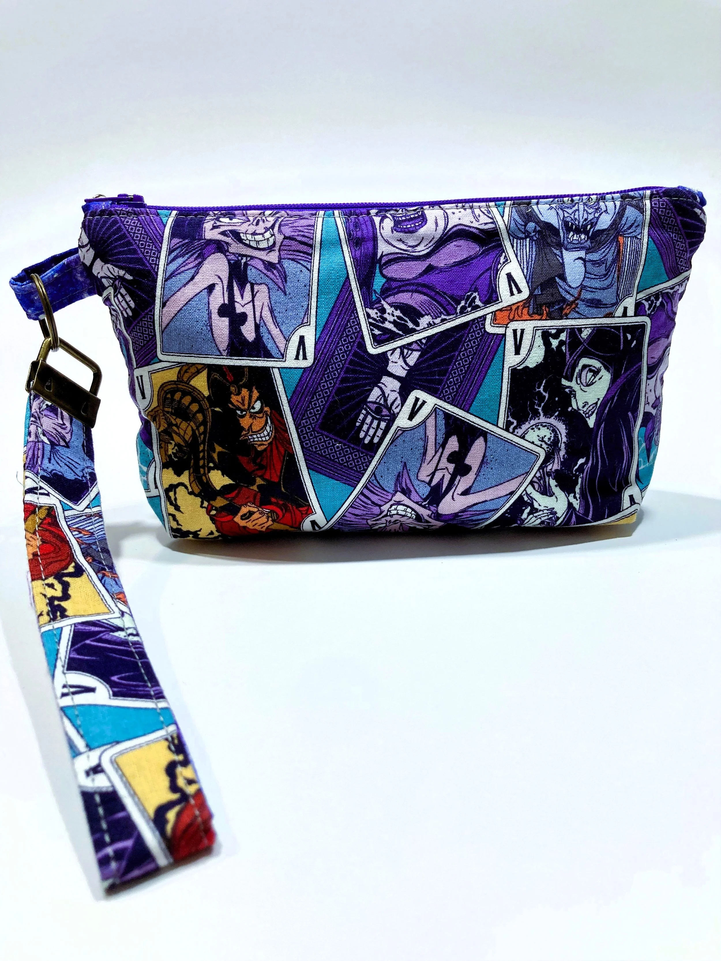 Dark Fantasy Card Deck Zip Wristlet | Blue and Purple Villains Portrait Cosmetic Bag