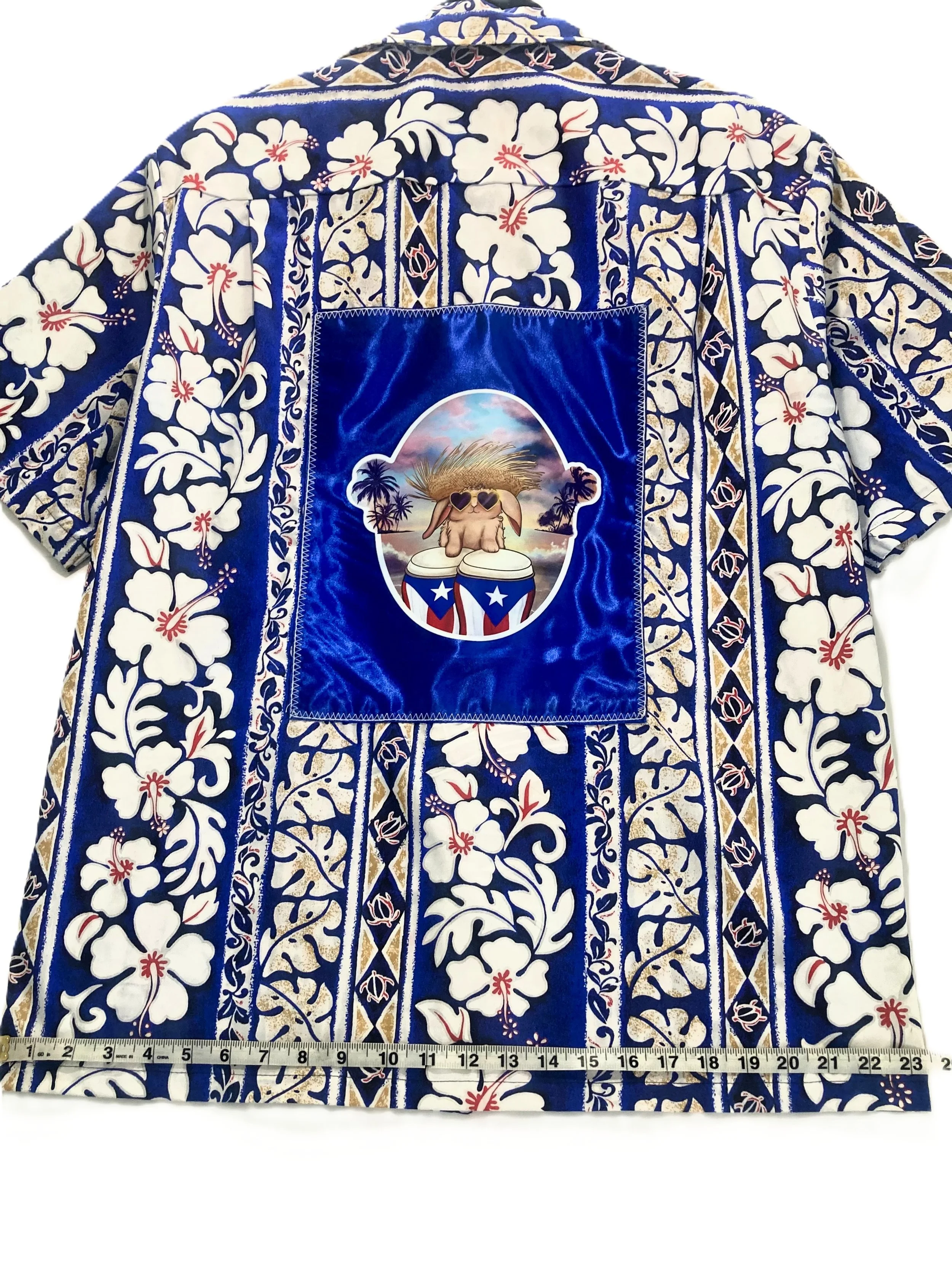 Upcycled Reworked Wooden Button Up Short Sleeve Tropical Blue Red White Shirt Custom Artwork Puerto Rico Bad Bunny Tribute Dimensions Across Base.jpeg