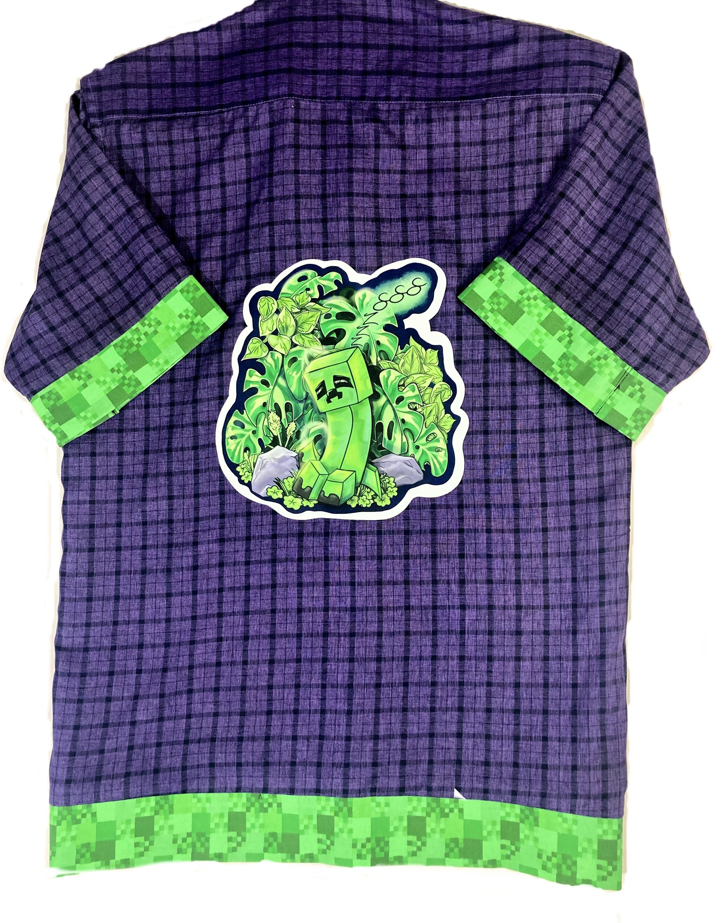 Reworked Upcycled Purple Grid with 8 Bit Green Pixel Gamer Trim Shirt Green Pixel Monster Custom Fan Art Back View.jpeg