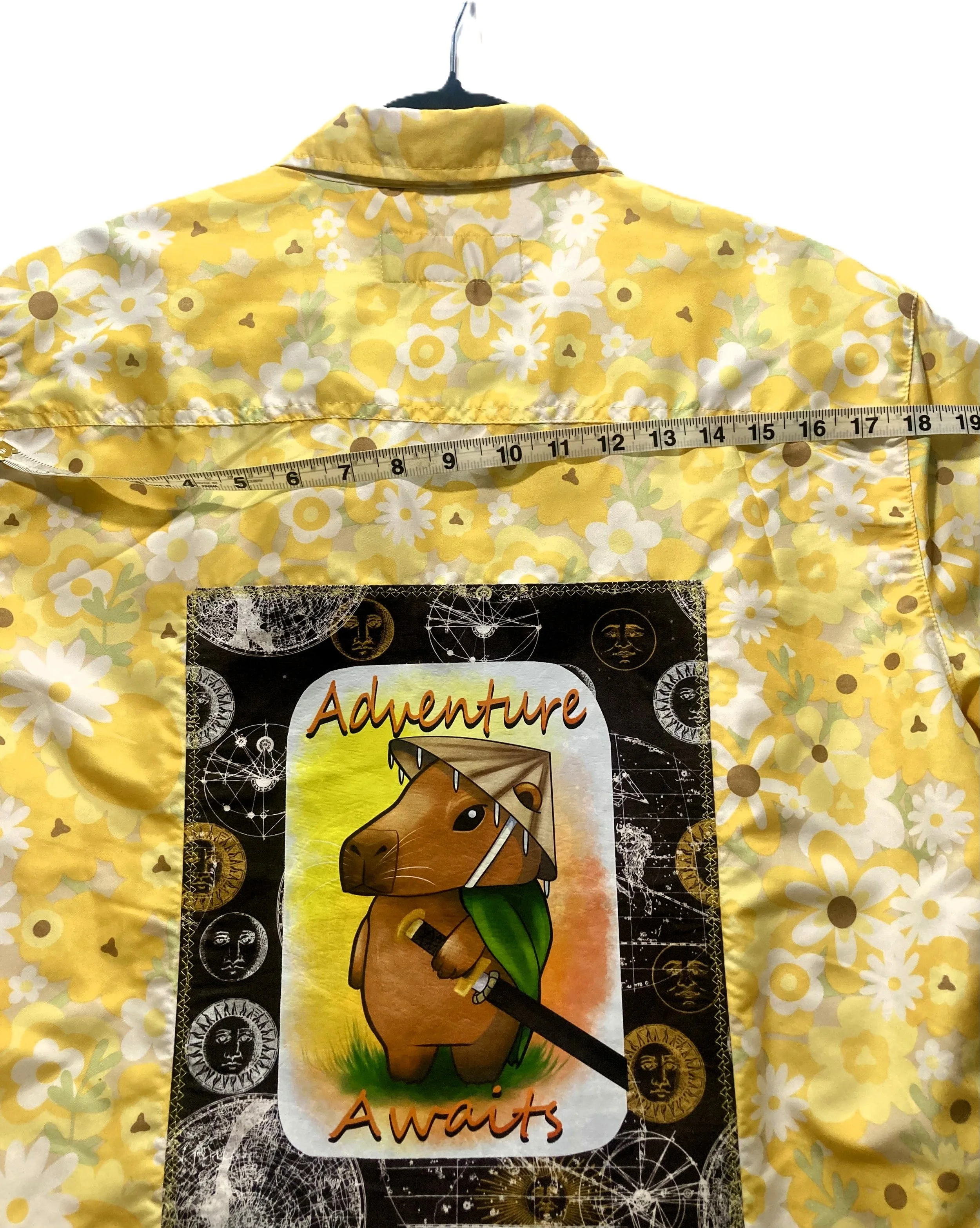 Upcycled Reworked Floral Yellow Retro Short Sleeve Button Up Shirt Cappybara Adventure Awaits Artwork Dimensions Across Shoulders.jpeg