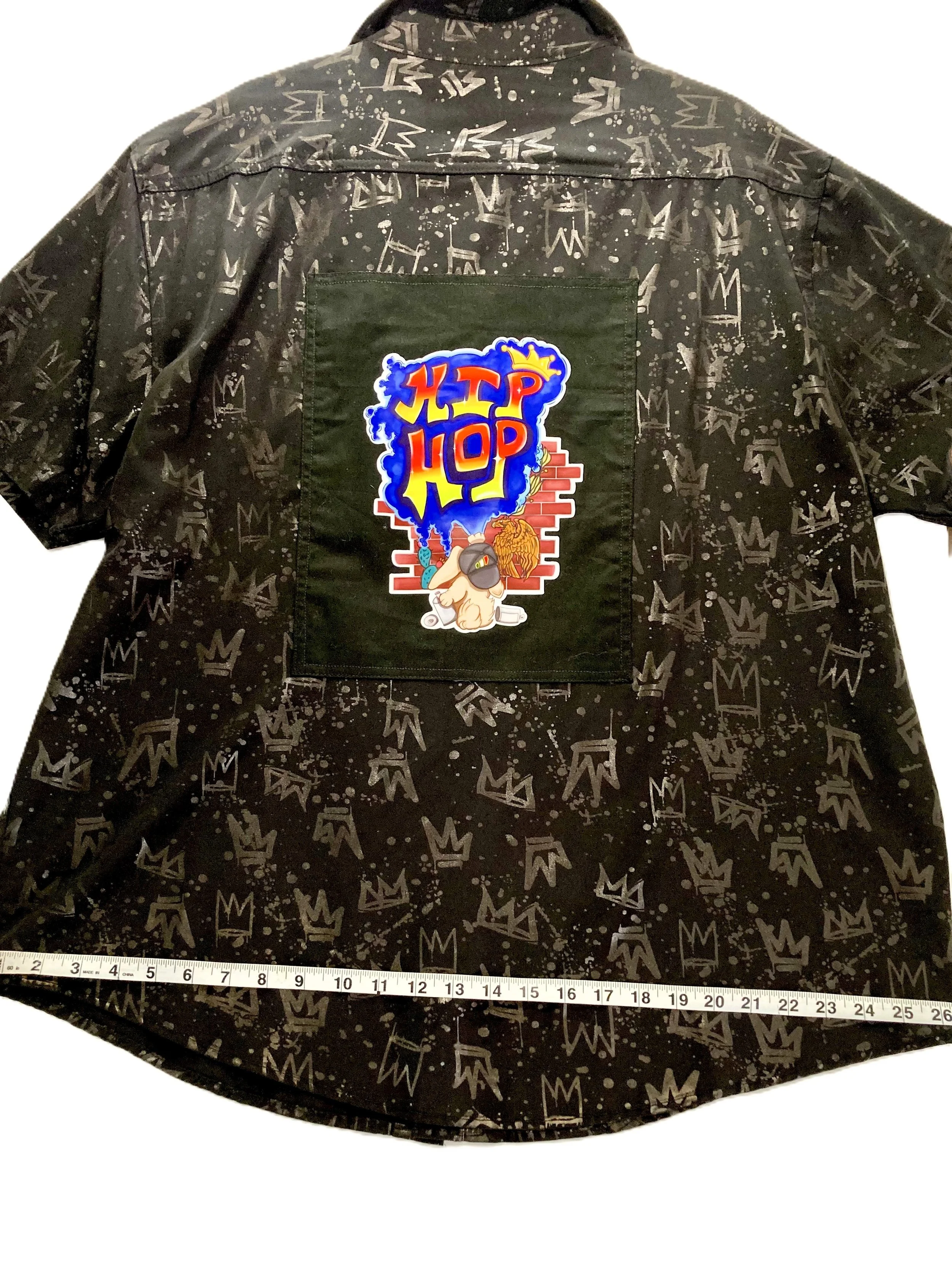 Upcycled Reworked Black Short Sleeve El Rey Crown Streetwear Shirt Custom Artwork Hip Hop Bunny Dimension Across Base.jpeg