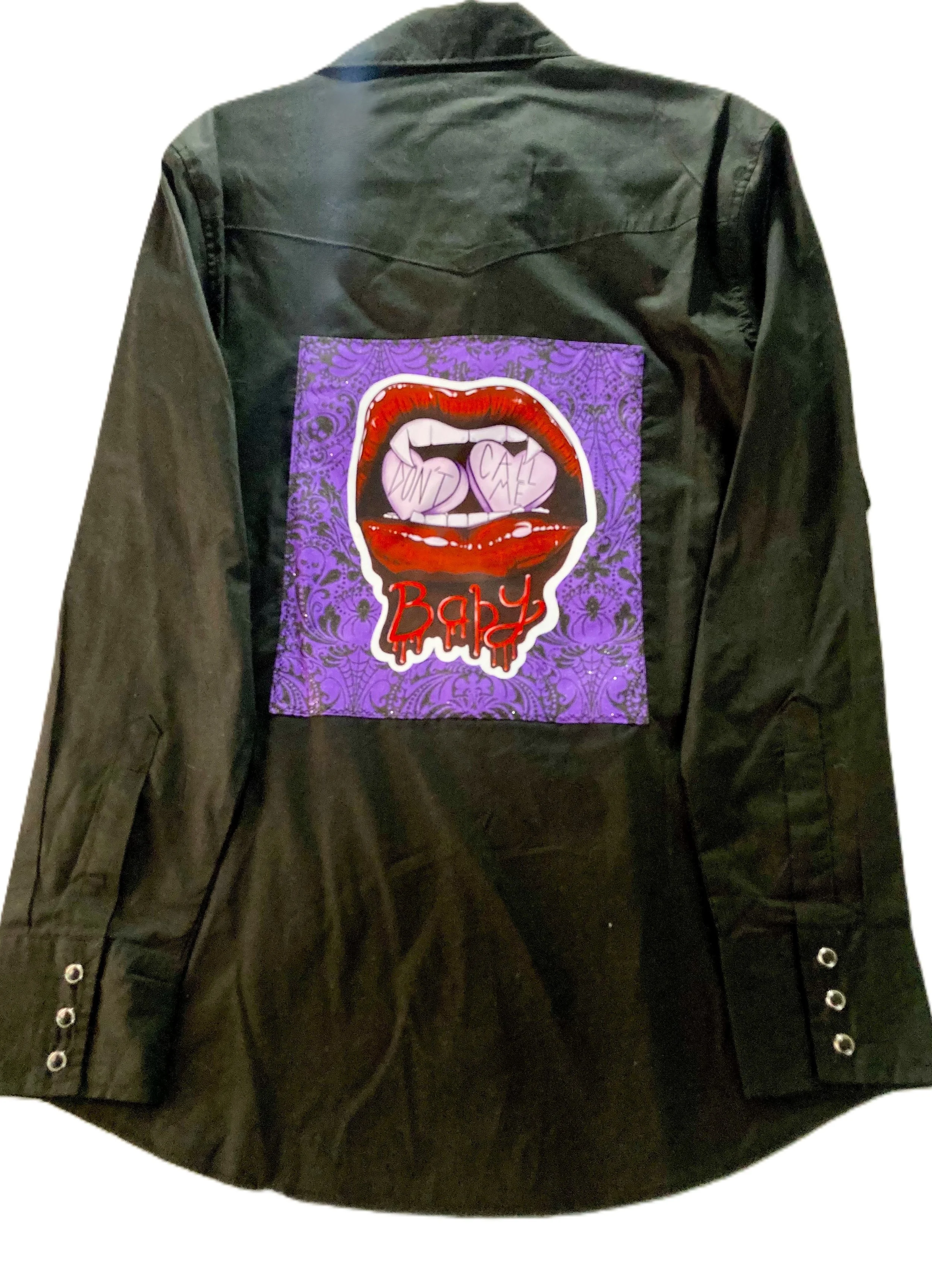 Reworked Gothic Western Shirt | Upcycled Manga Vampire Lips Custom Artwork | Unisex