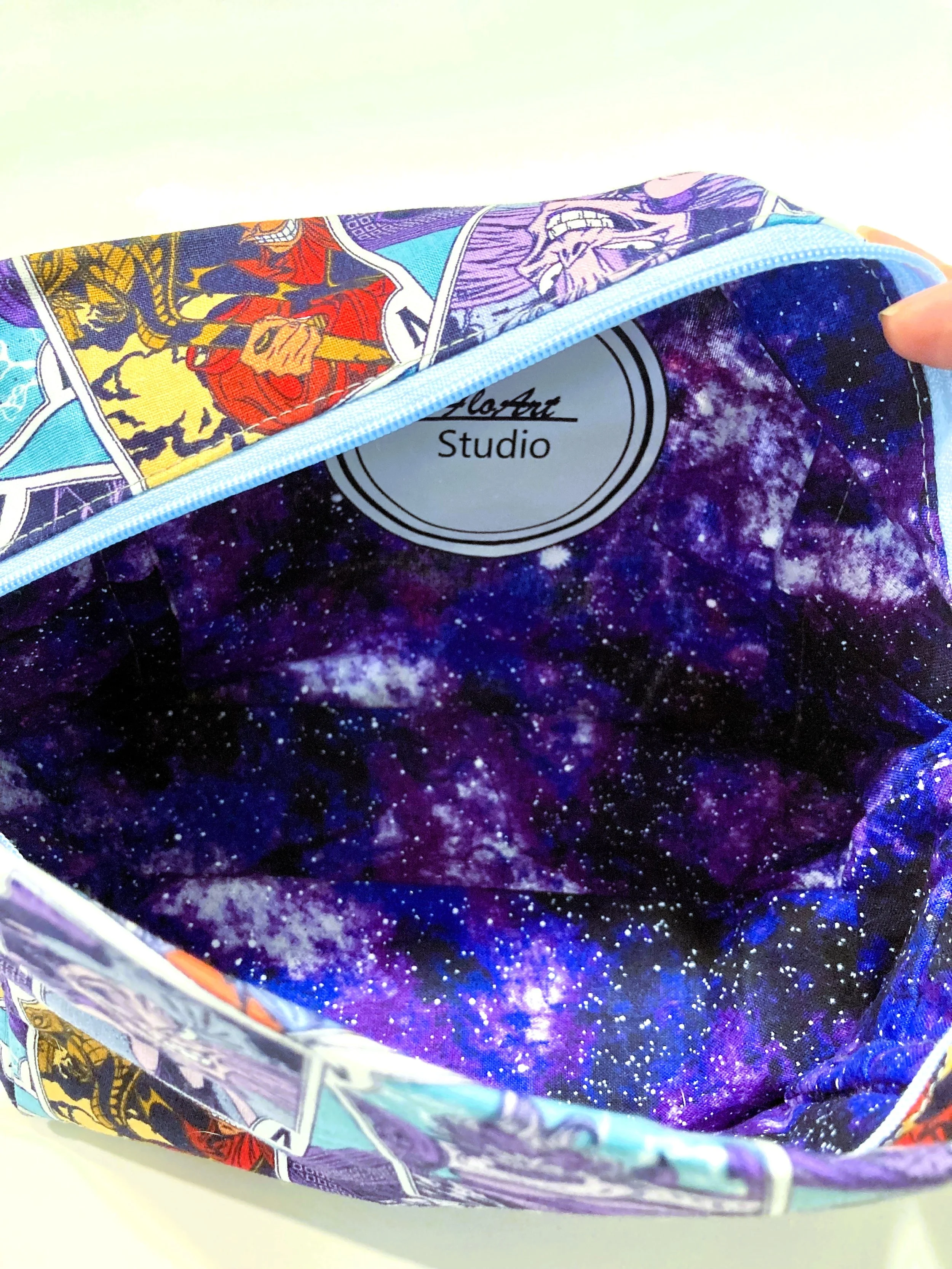 Dark Fantasy Card Deck Travel Cosmetic Bag Blue and Purple Villains Portrait Makeup Case Interior View.jpeg