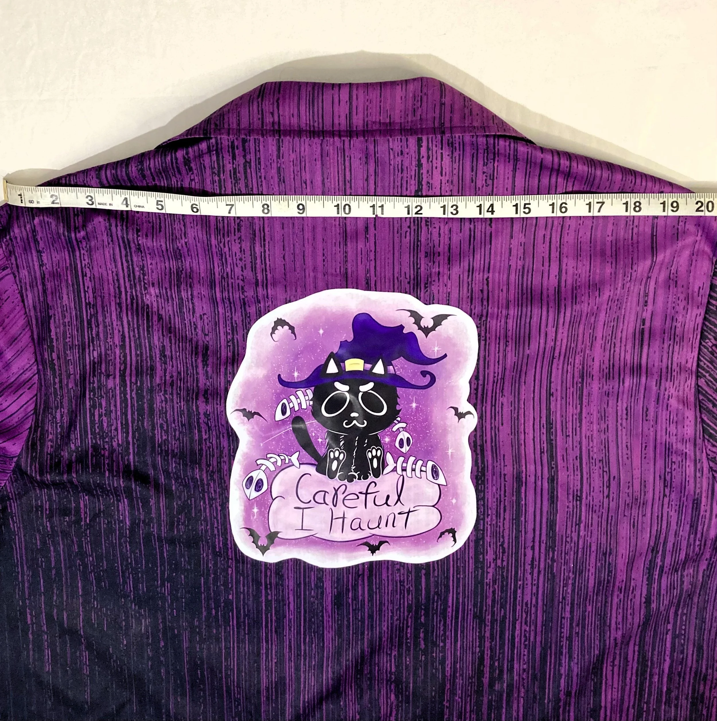 Upcycled Reworked Ombre Purple to Black Whitchy Black Cat Custom Artwork Demensions Shoulders.jpeg