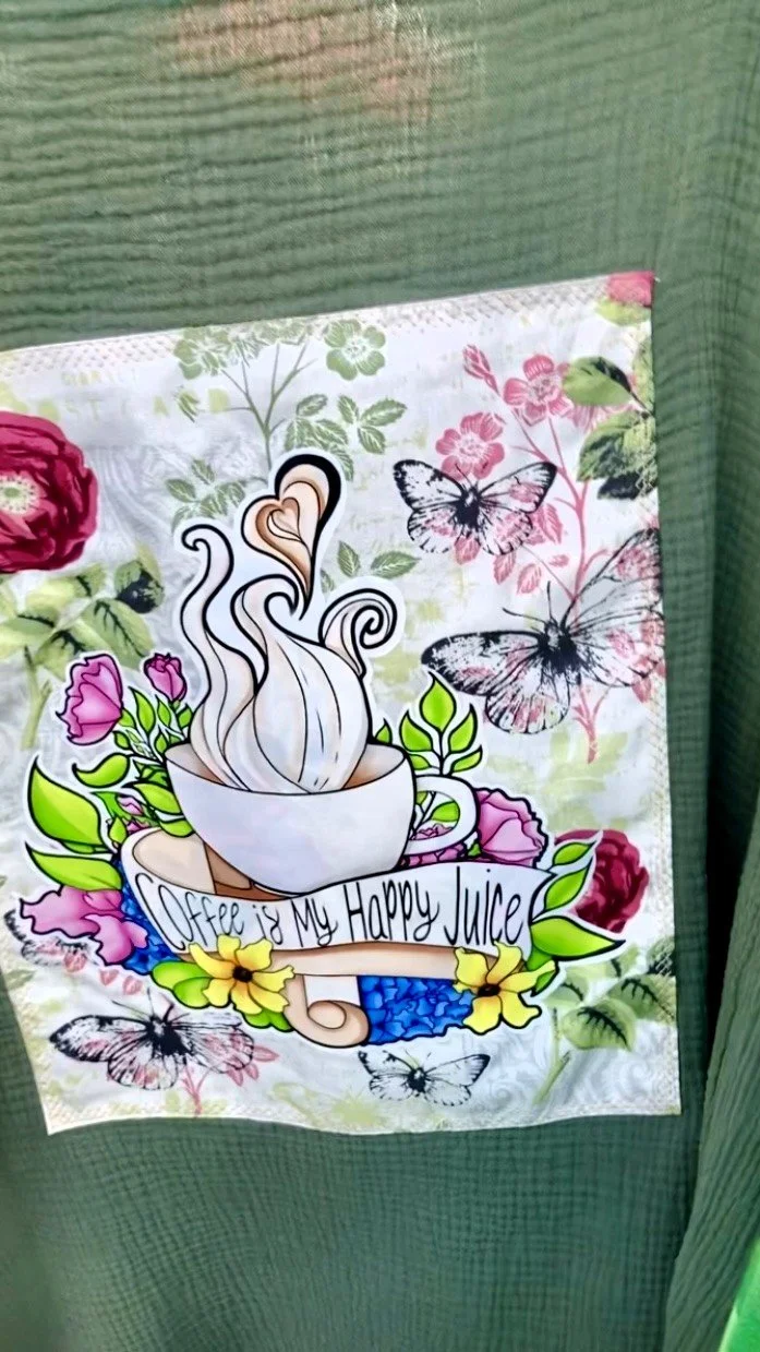 Upcycled Reworked Earth Green Cardigan Coffee Lover Custom Artwork Back View 3.jpeg