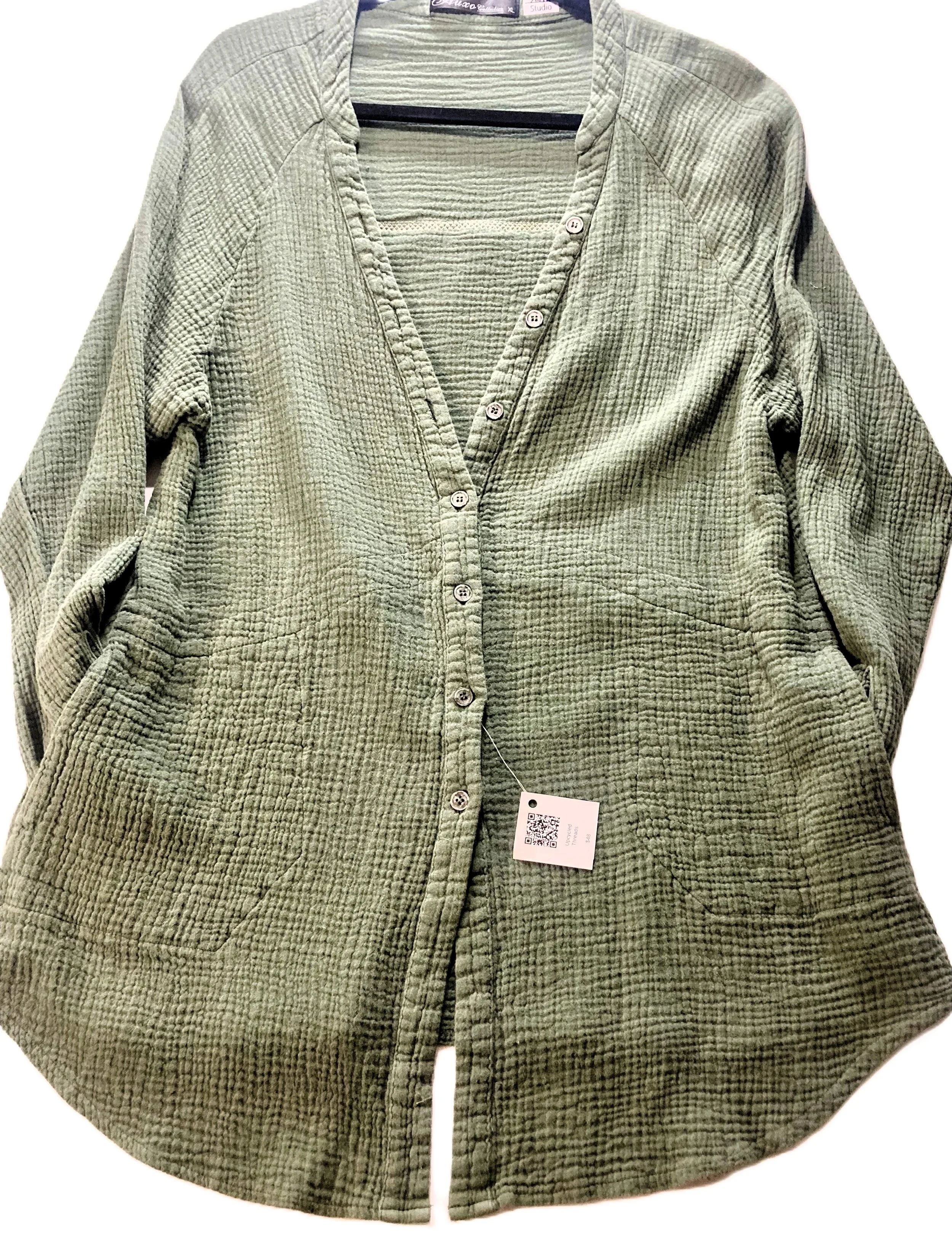 Upcycled Reworked Earth Green Cardigan Coffee Lover Custom Artwork Front View.jpeg
