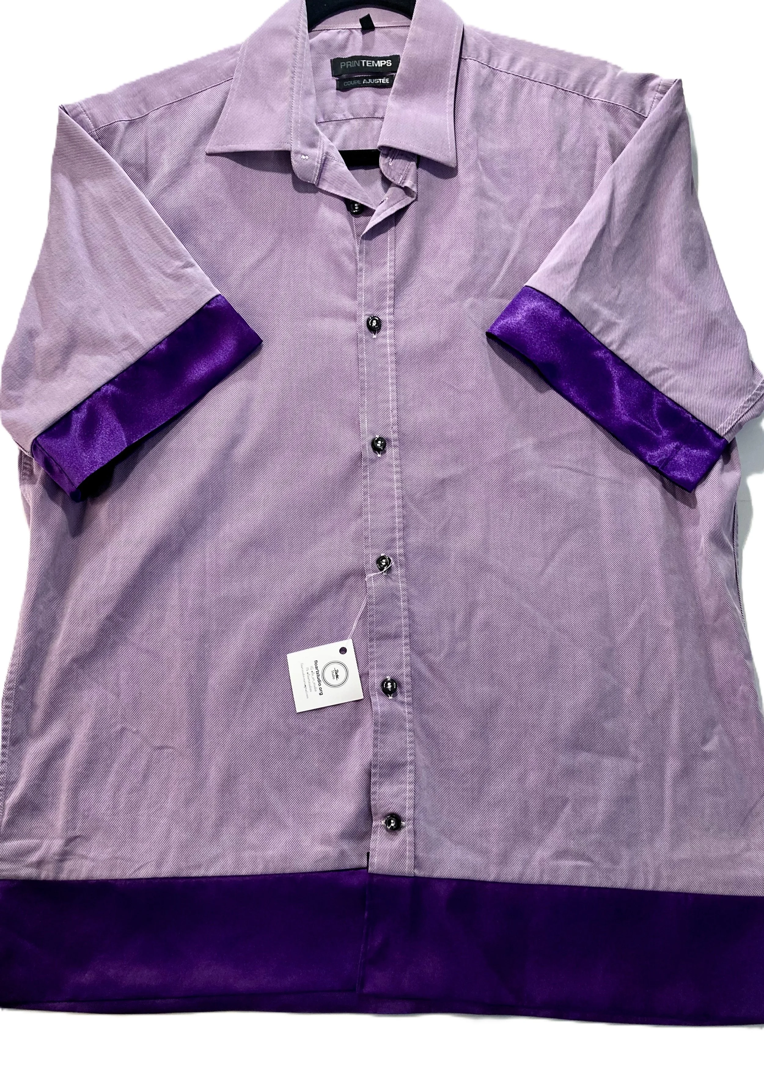 Reworked Upcycled Purple Button Up Deep Purple Satin Trim Inspirational Spooky Ghost Artwork Front View.jpeg