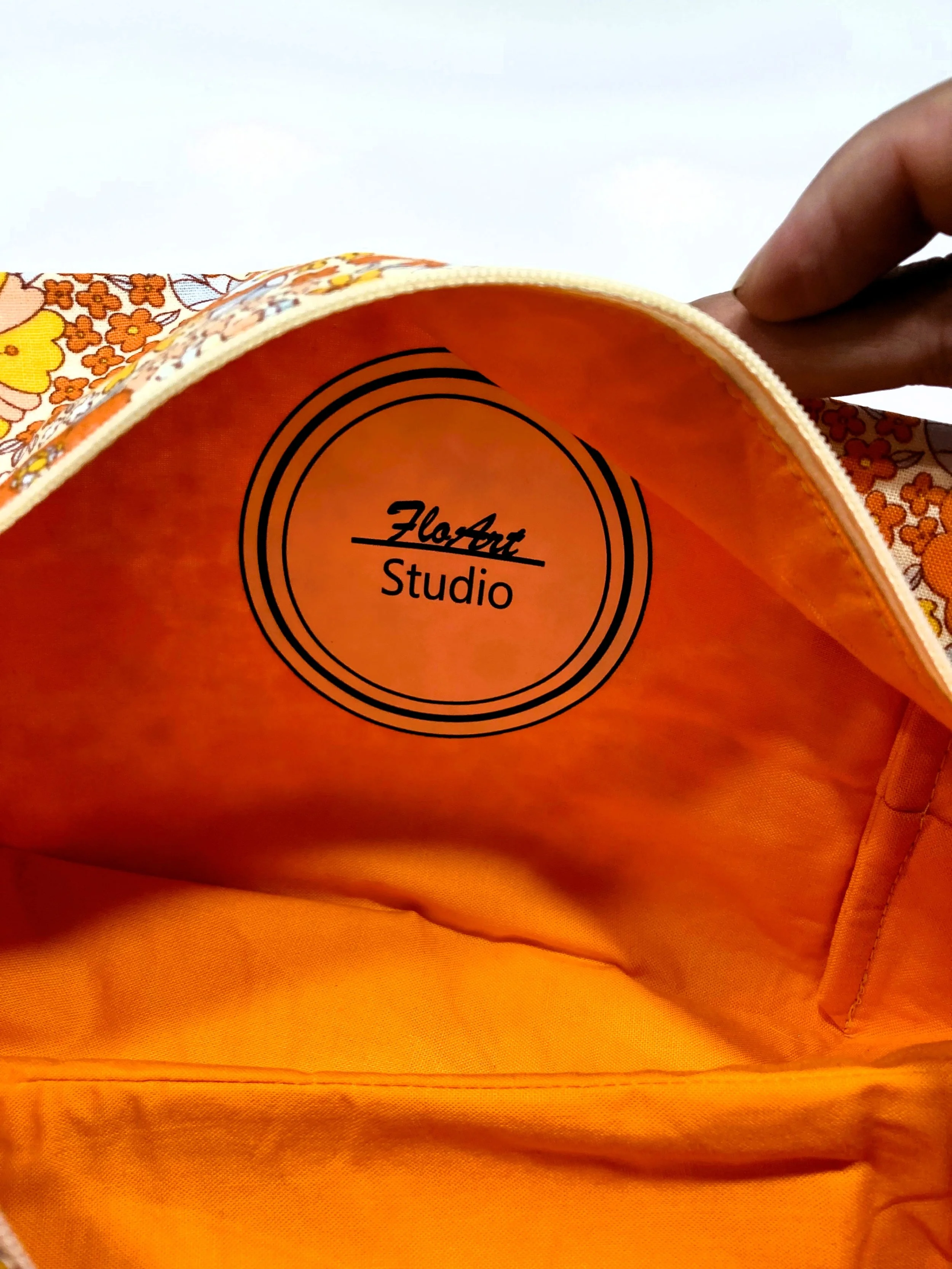 Retro 70s Orange Floral Travel Cosmetic Bag Hippie Flower Power Boho Makeup Case Handle Interior View.jpeg