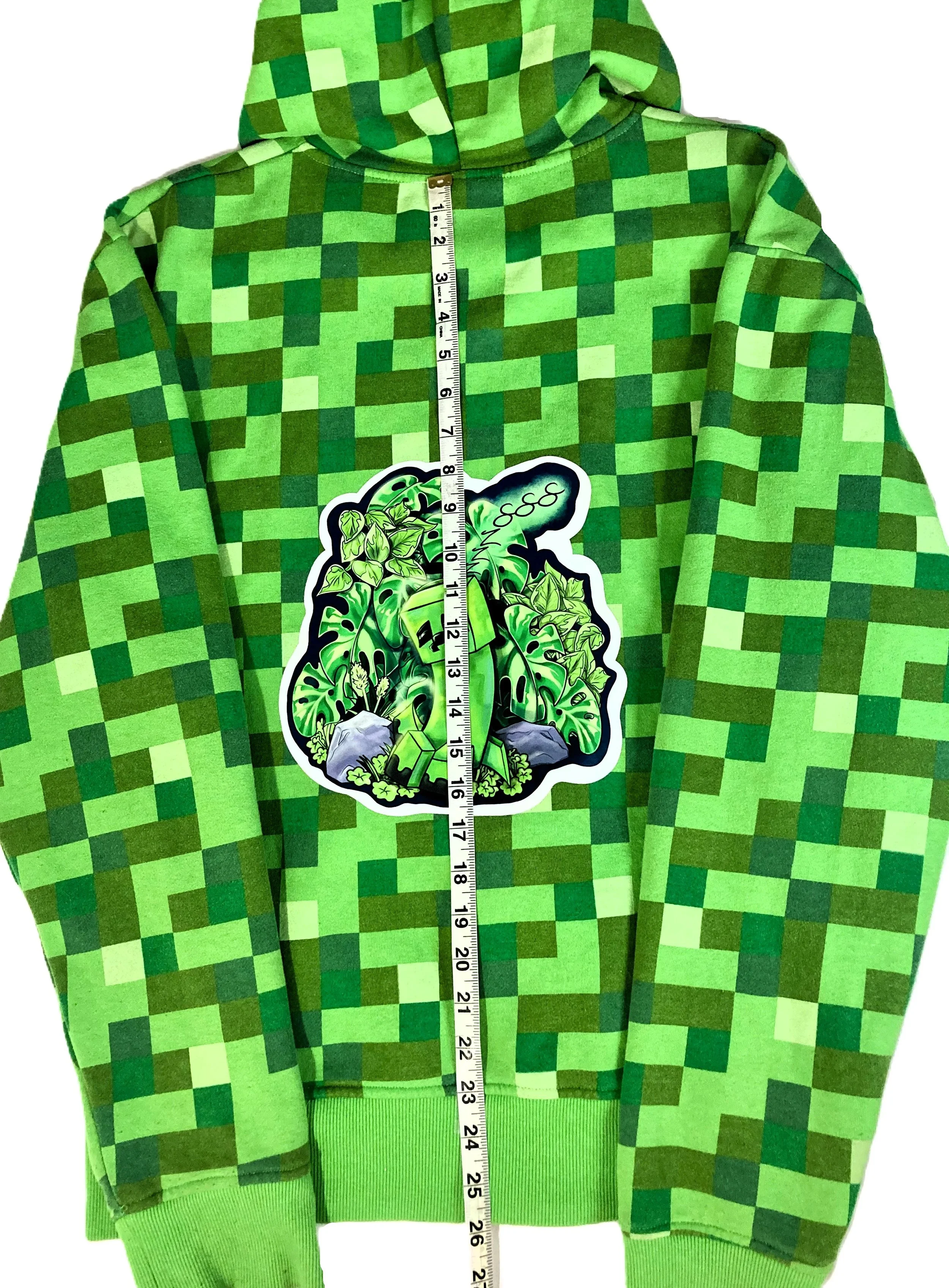 Upcycled Reworked Green Pixel Monster Gamer Hoodie Demensions Neck to Base.jpeg