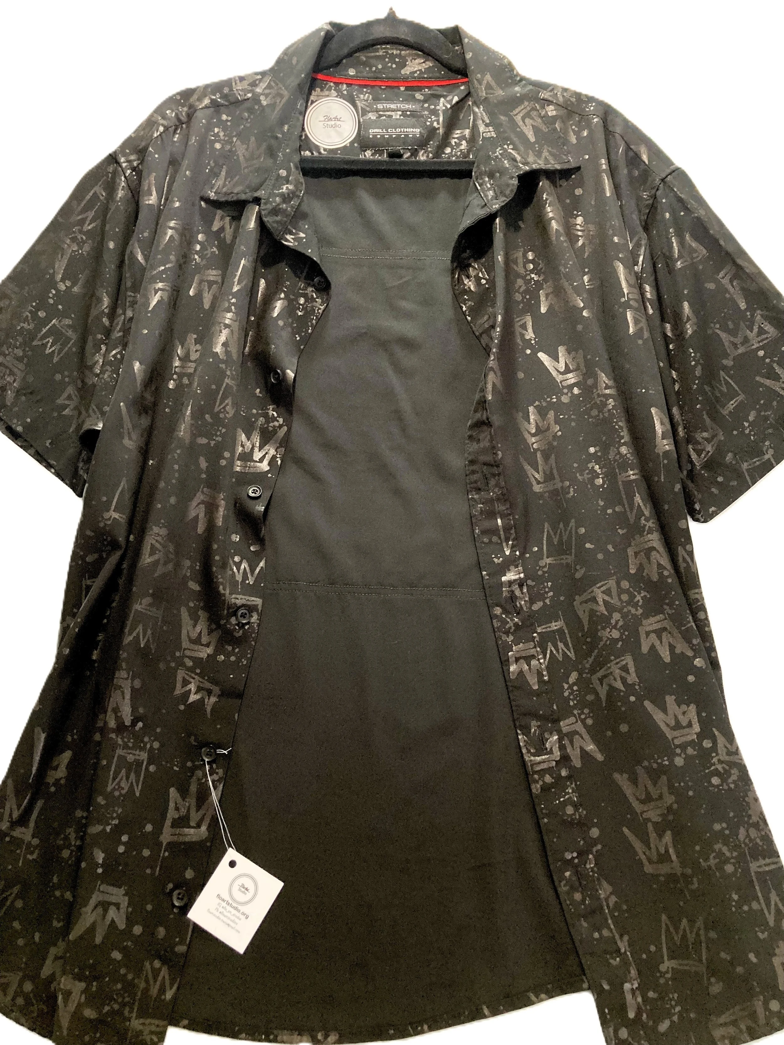 Upcycled Reworked Black Short Sleeve El Rey Crown Streetwear Shirt Custom Artwork Hip Hop Bunny Front View.jpeg