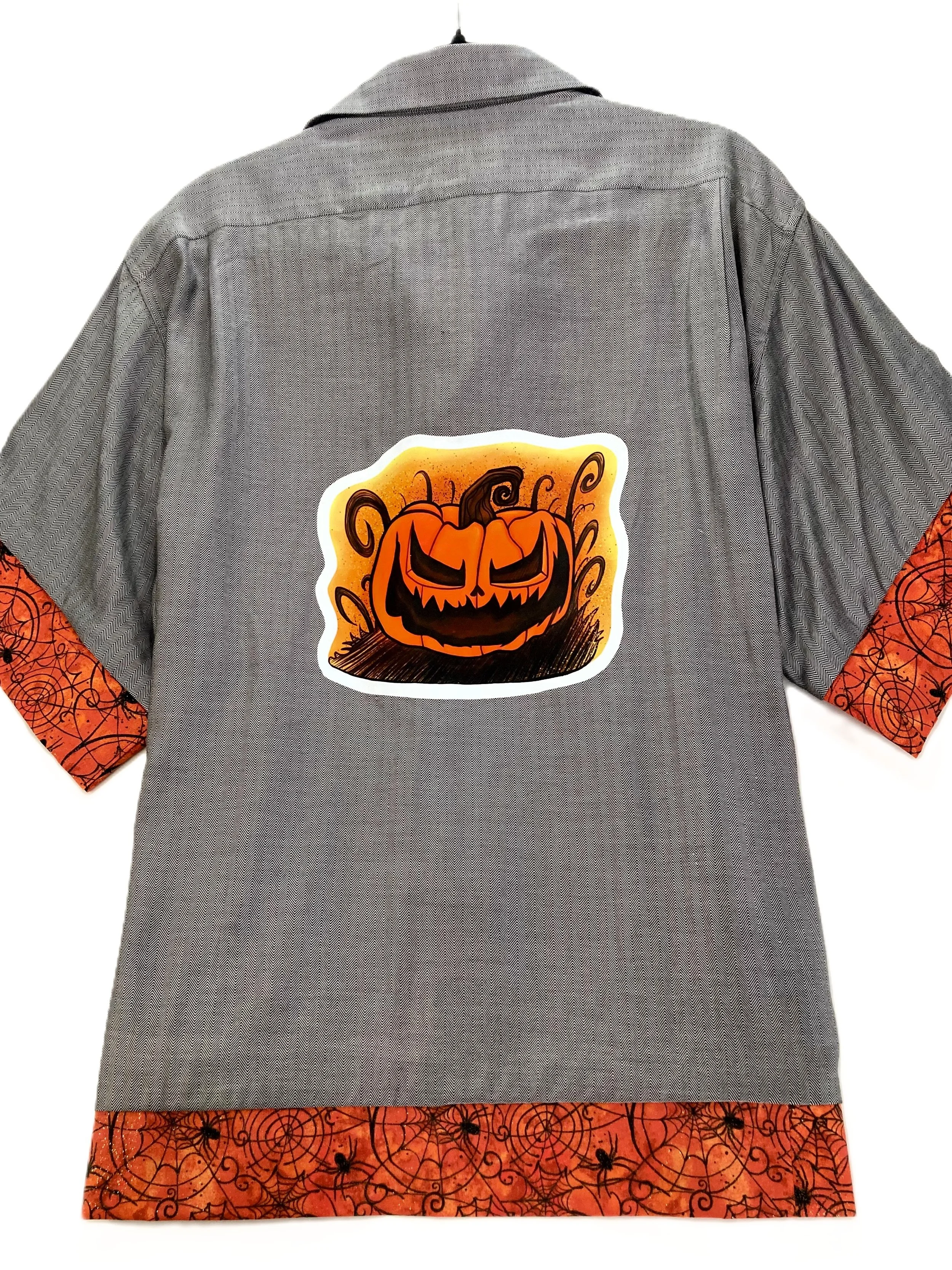 Reworked Scary Pumpkin Orange Black Spiderweb Trim | Upcycled Custom Halloween Artwork | Unisex