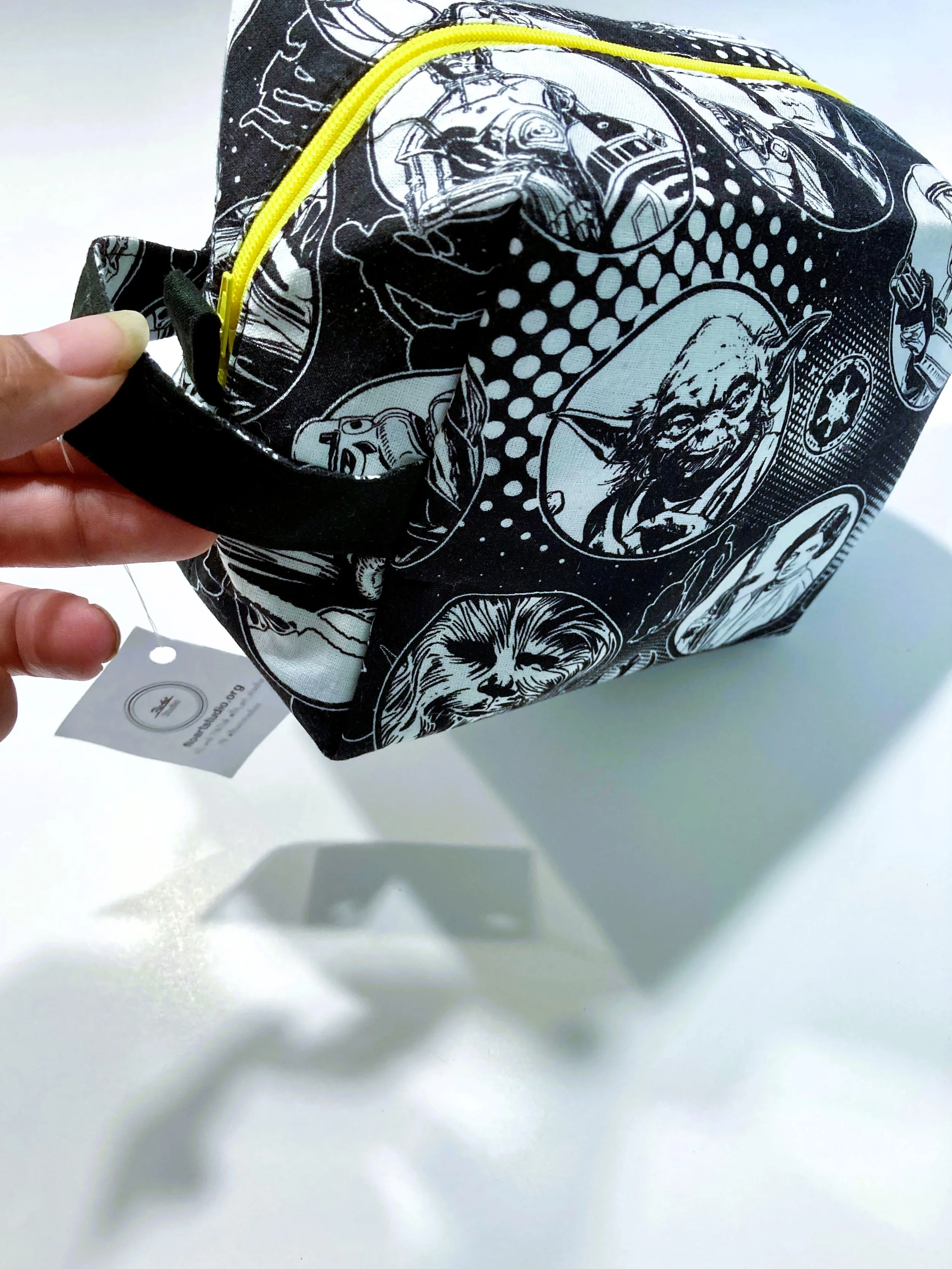 Star Wars Inspired Travel Cosmetic Bag Black and White Monochrome Toiletry Organizer Front Angle View.jpeg