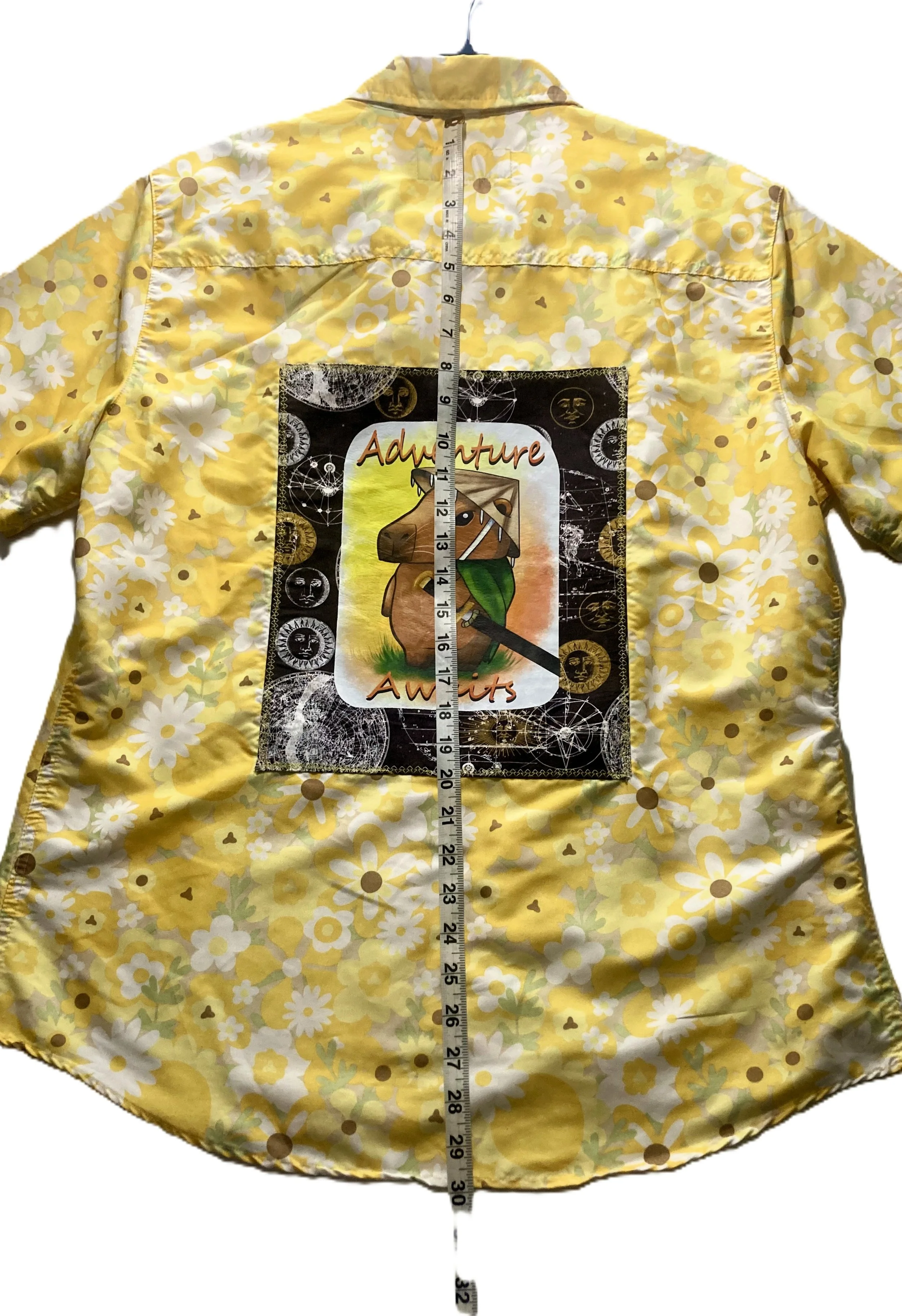Upcycled Reworked Floral Yellow Retro Short Sleeve Button Up Shirt Cappybara Adventure Awaits Artwork Dimensions Neck to Base.jpeg