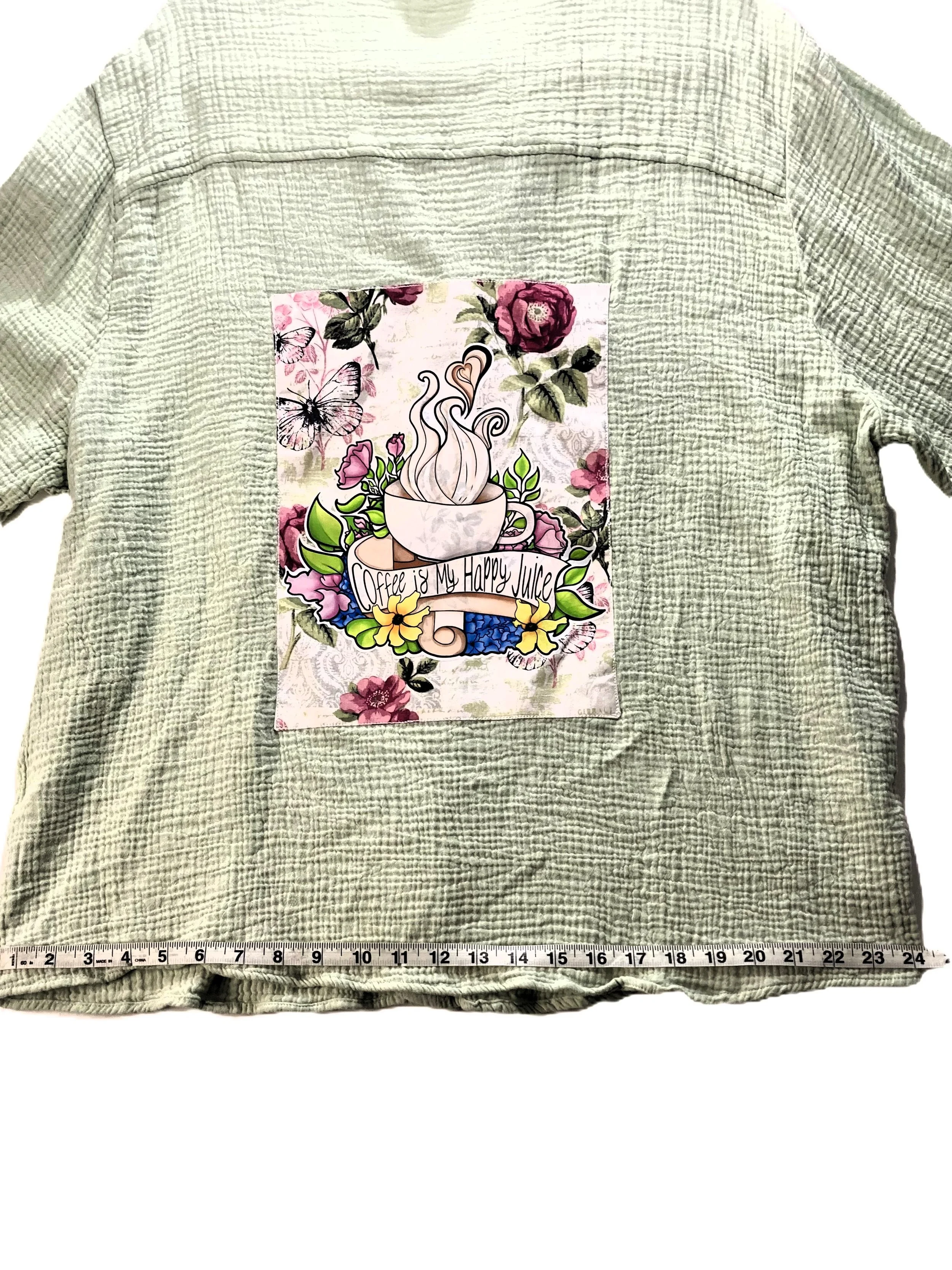 Upcycled Reworked Pale Green Cardigan Coffee Lover Custom Artwork Demensions Across Base.jpeg
