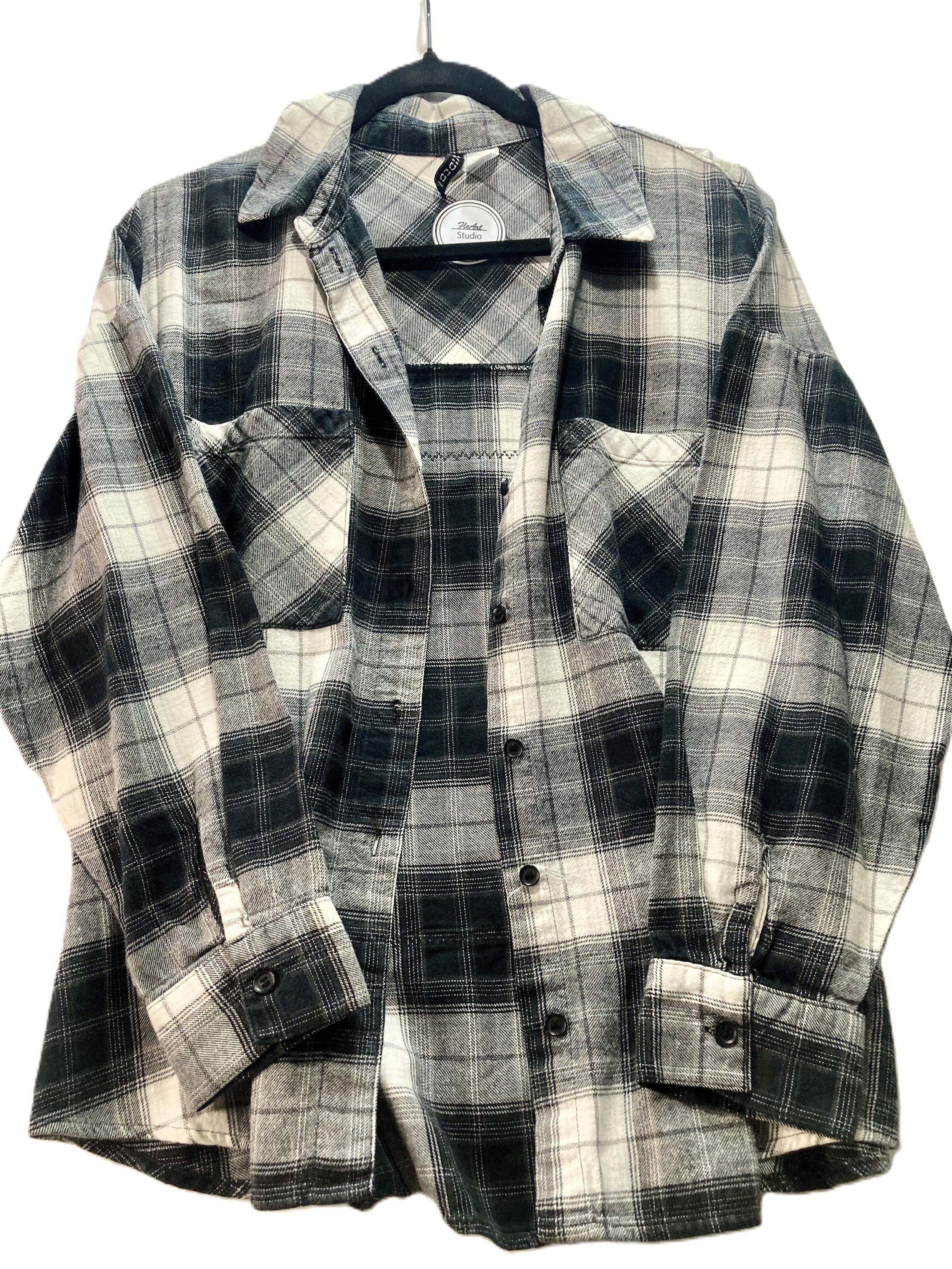 Upcycled Reworked Black White Grunge Flannel Edgar Allan Poe Artwork Purple Front View A.jpeg