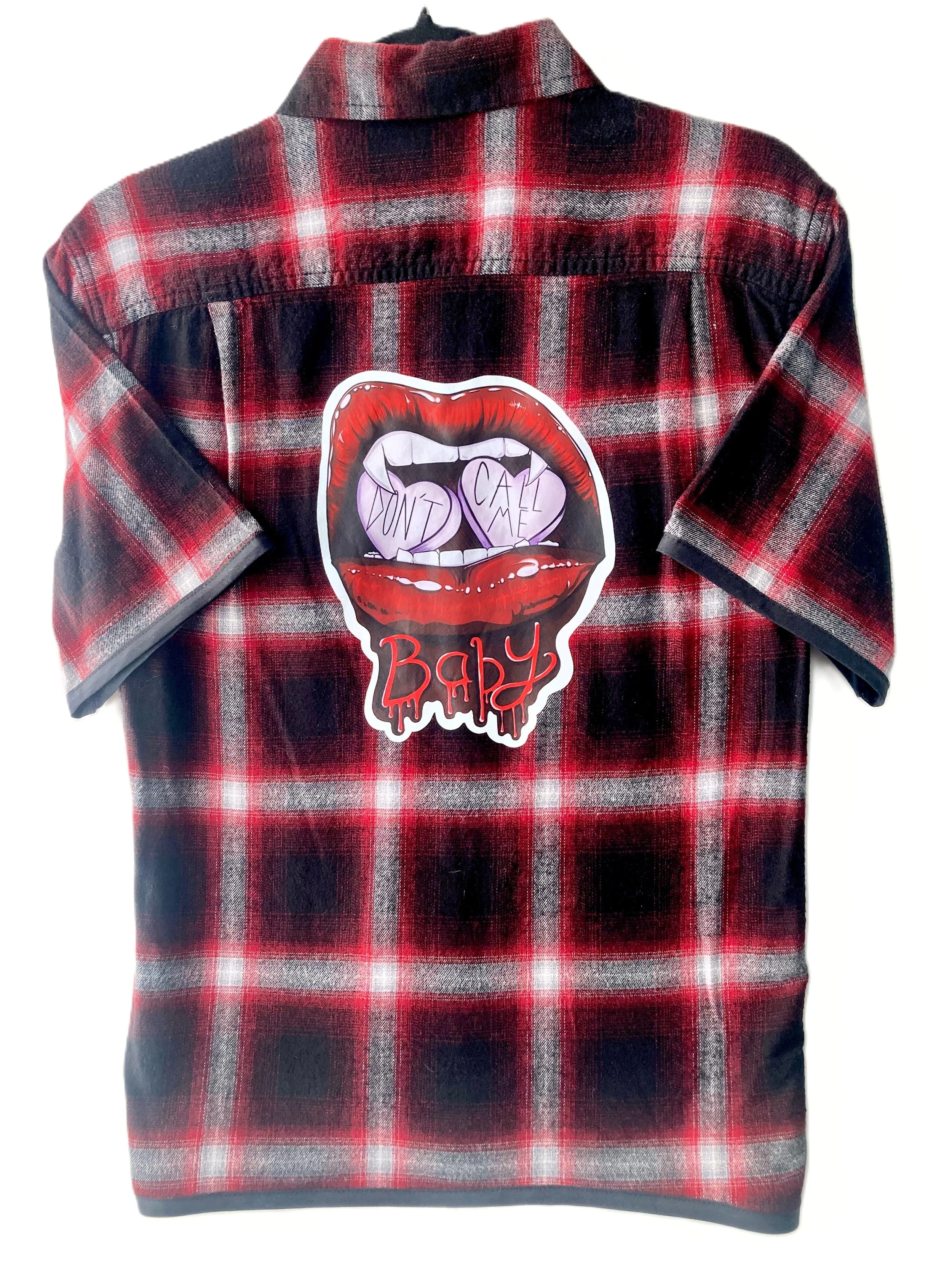 Reworked Upcycled Red and Black Flannel Short Sleeve with Custom Gothic Vamp Artwork Back View.jpeg