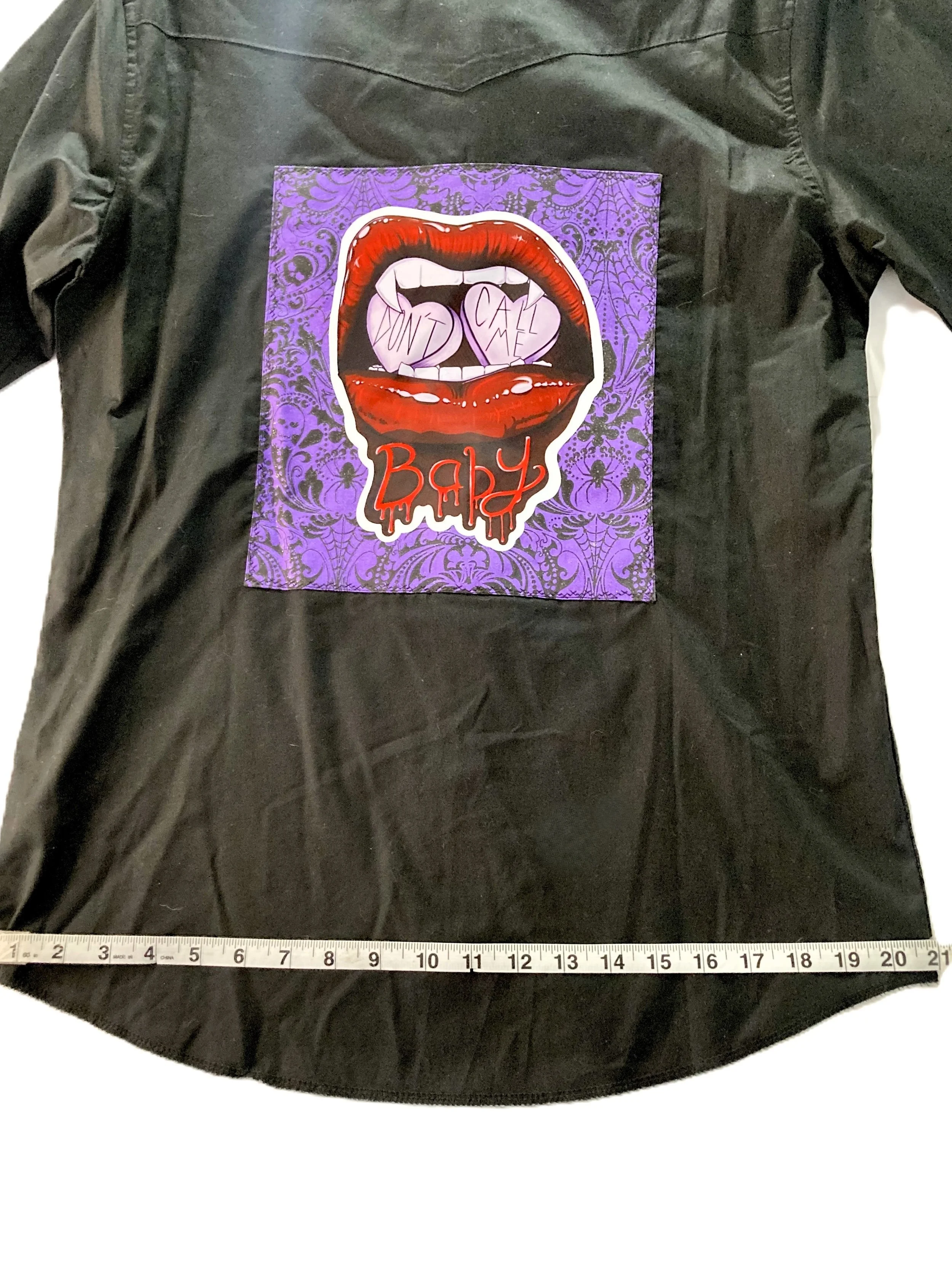 Reworked Upcycled Western Snap Button Black Shirt Goth Custom Artwork Don't Call Me Baby Demension Across Base.jpeg