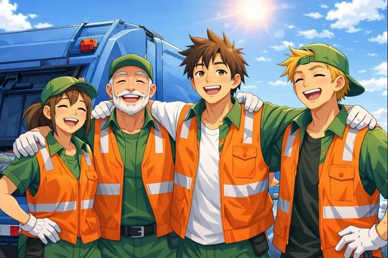smiling sanitation crew in front of trash truck