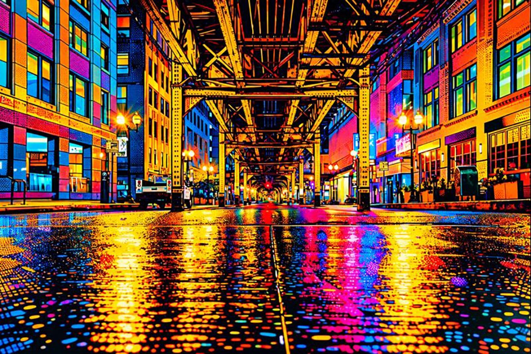 pop art depiction of wet streets under the overhead elevated train