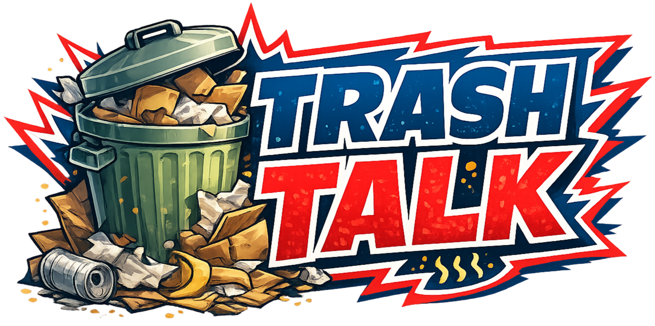 A cartoon-style logo with a green trash can spilling over with crumpled paper, a crushed soda can, and trash. The trash can is tilted, and the text 'TRASH TALK' is written in bold, dynamic letters with a red, white, and blue color scheme, surrounded by comic-style explosive lines.