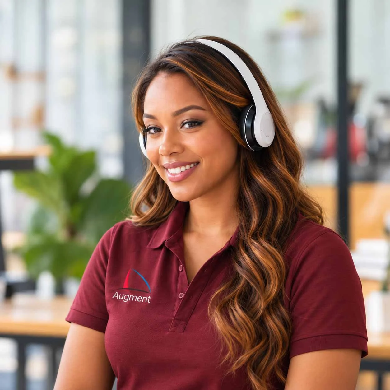 A woman with long wavy brown hair wearing a headset and a burgundy polo shirt with the 'Augment' logo, smiling in a modern indoor space with plants and large windows.