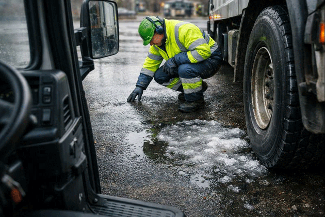 a worker inspects the wet ground outside of a garbage truck