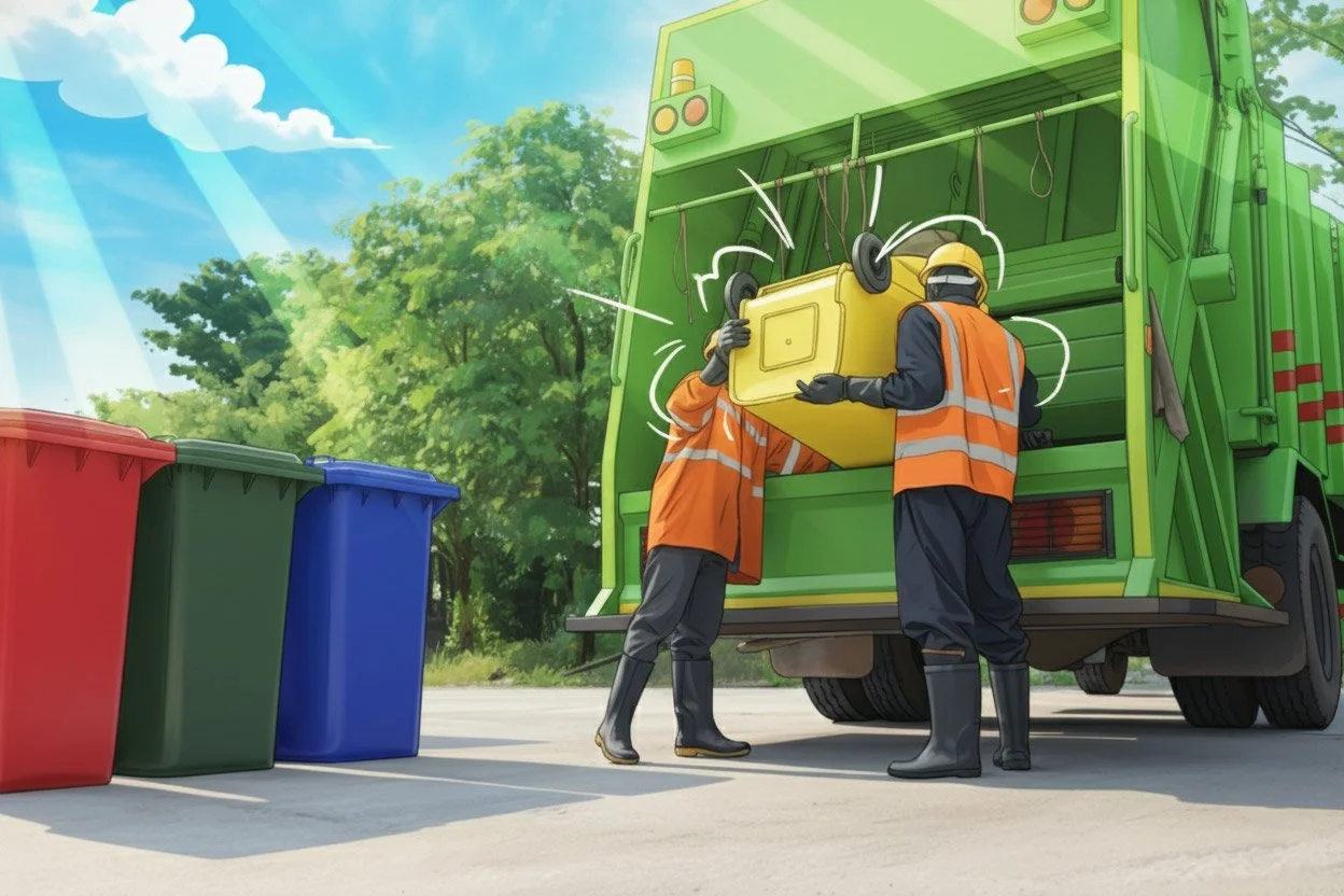 two workers dump a trash bin into a garbage truck hopper