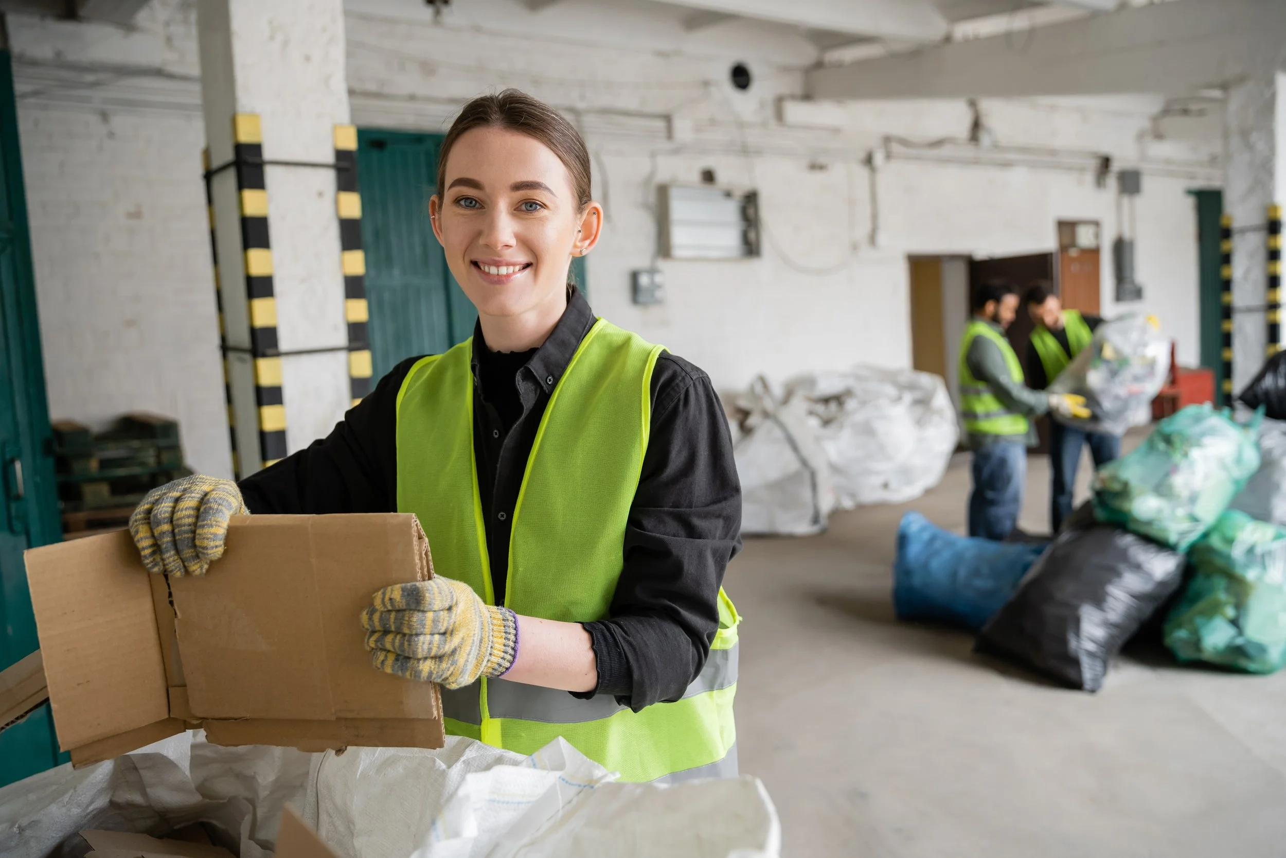 worker sorting materials at a recycling center
