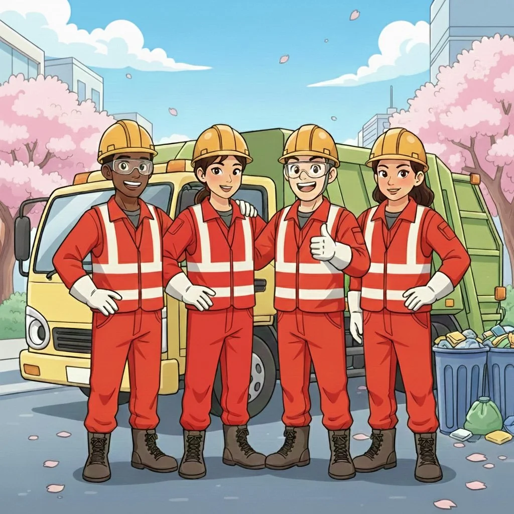 a happy sanitation crew wearing red PPE