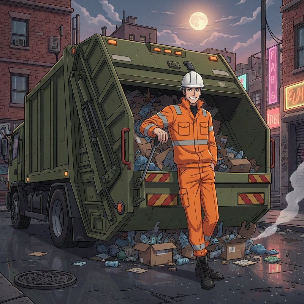 sanitation worker operating compactor on garbage truck
