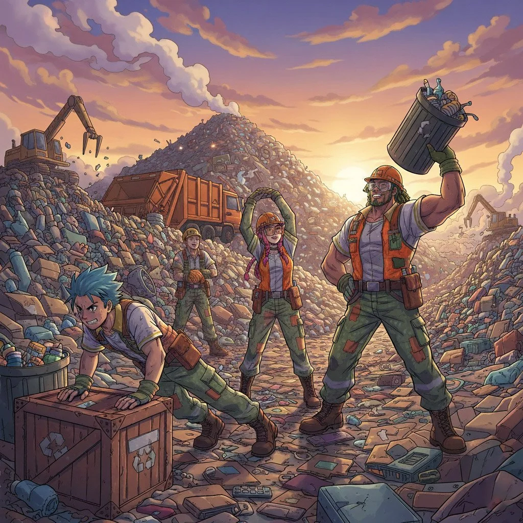 sanitation workers stretching at the landfill before shift