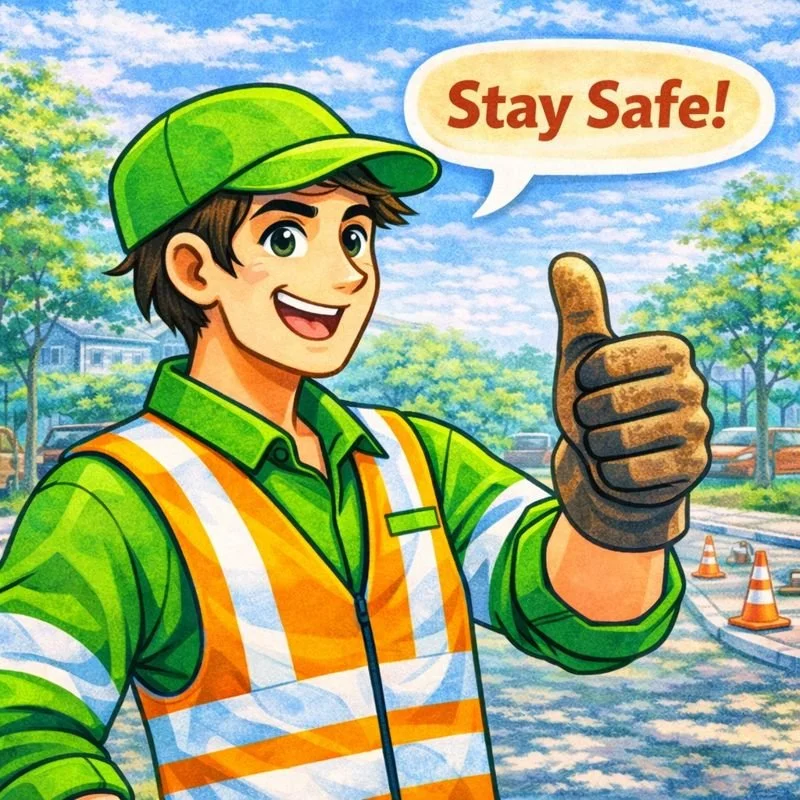 worker giving thumbs up and saying 'stay safe'