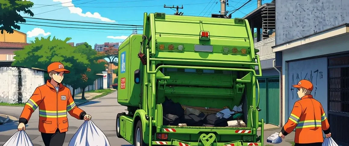 sanitation workers loading trash into a garbage truck