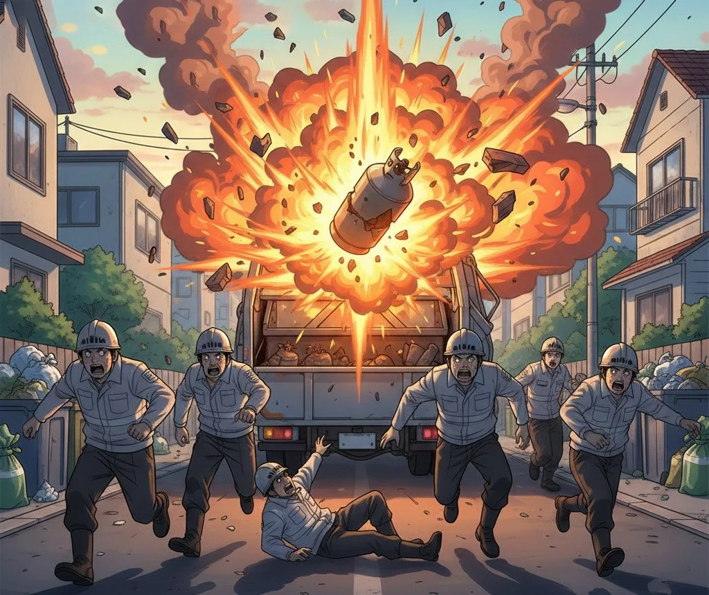 sanitation workers run from propane explosion on garbage truck