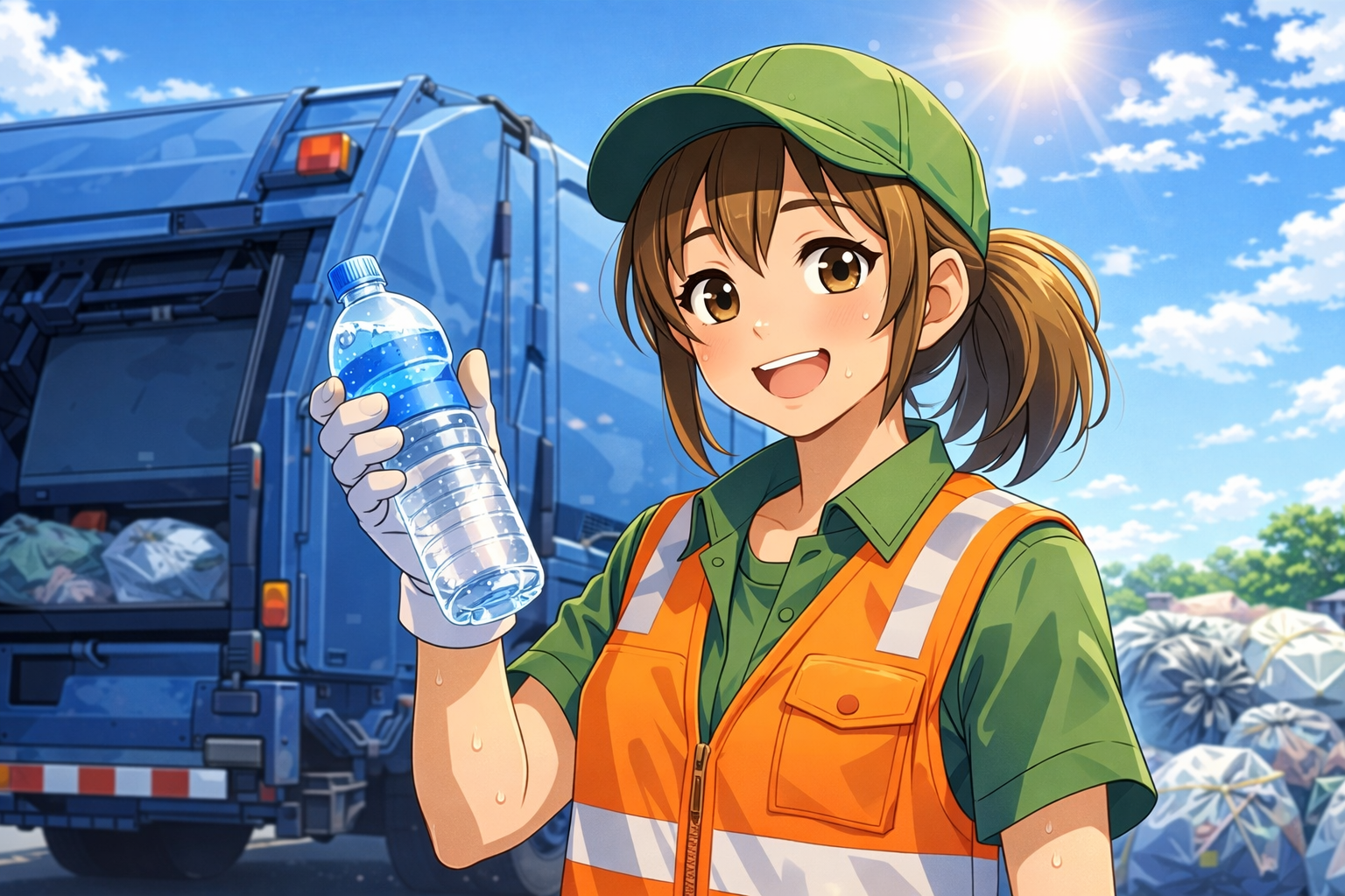 trash worker with water bottle