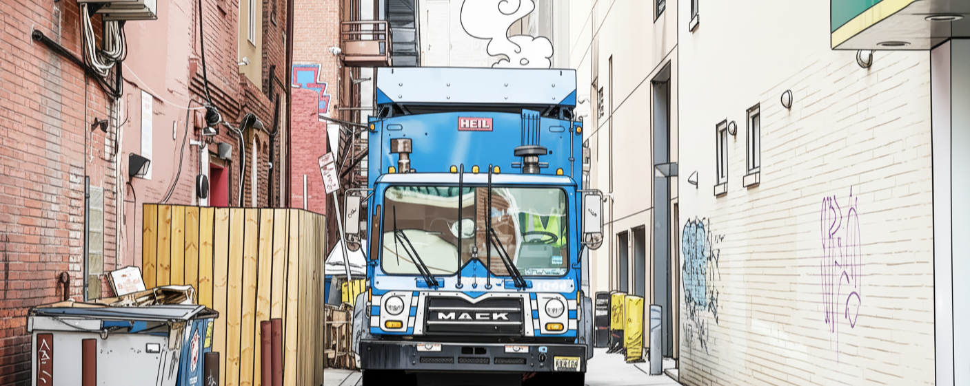 garbage truck in alley