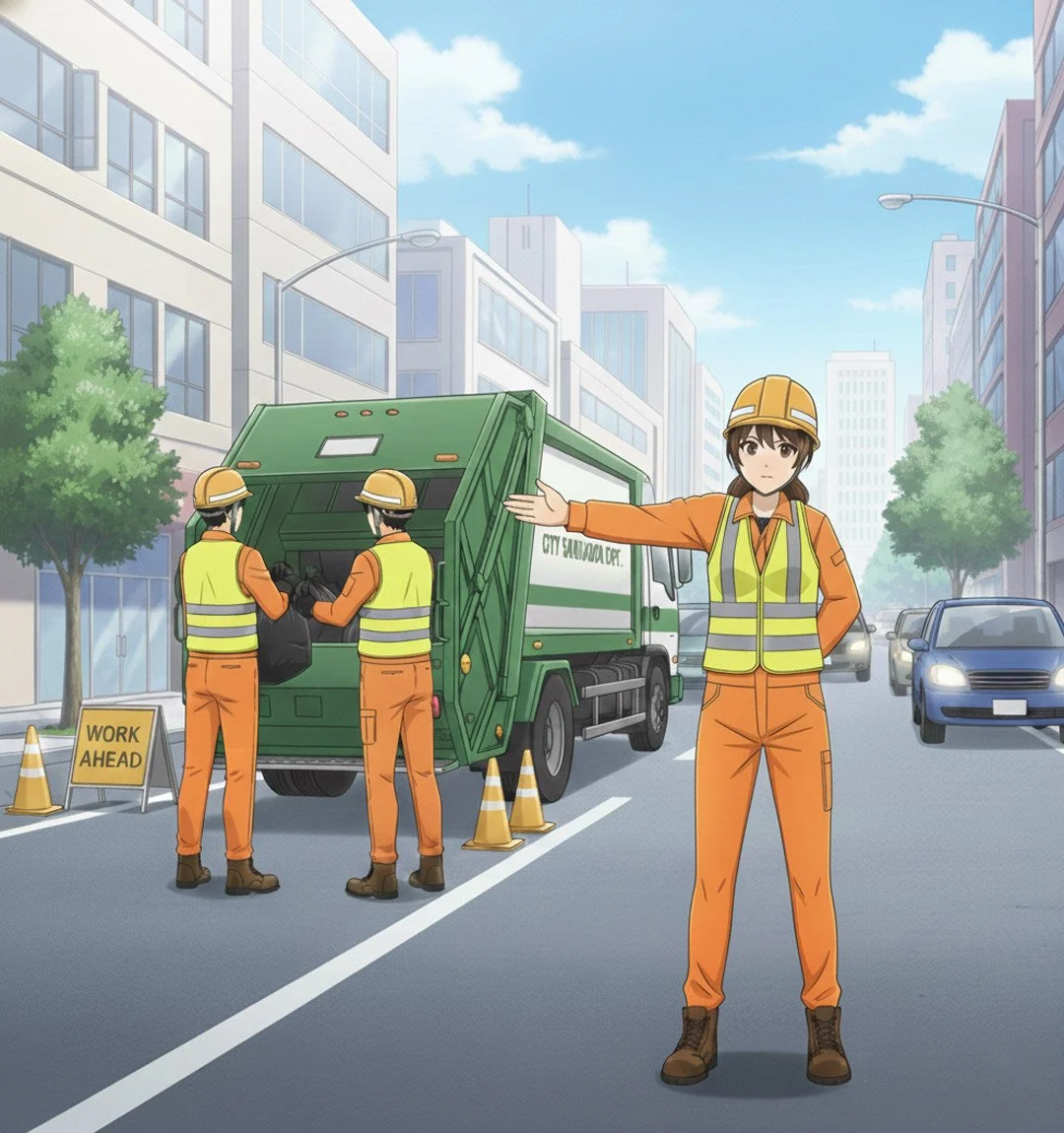 workers on street loading truck and giving hand signals to traffic to increase safety