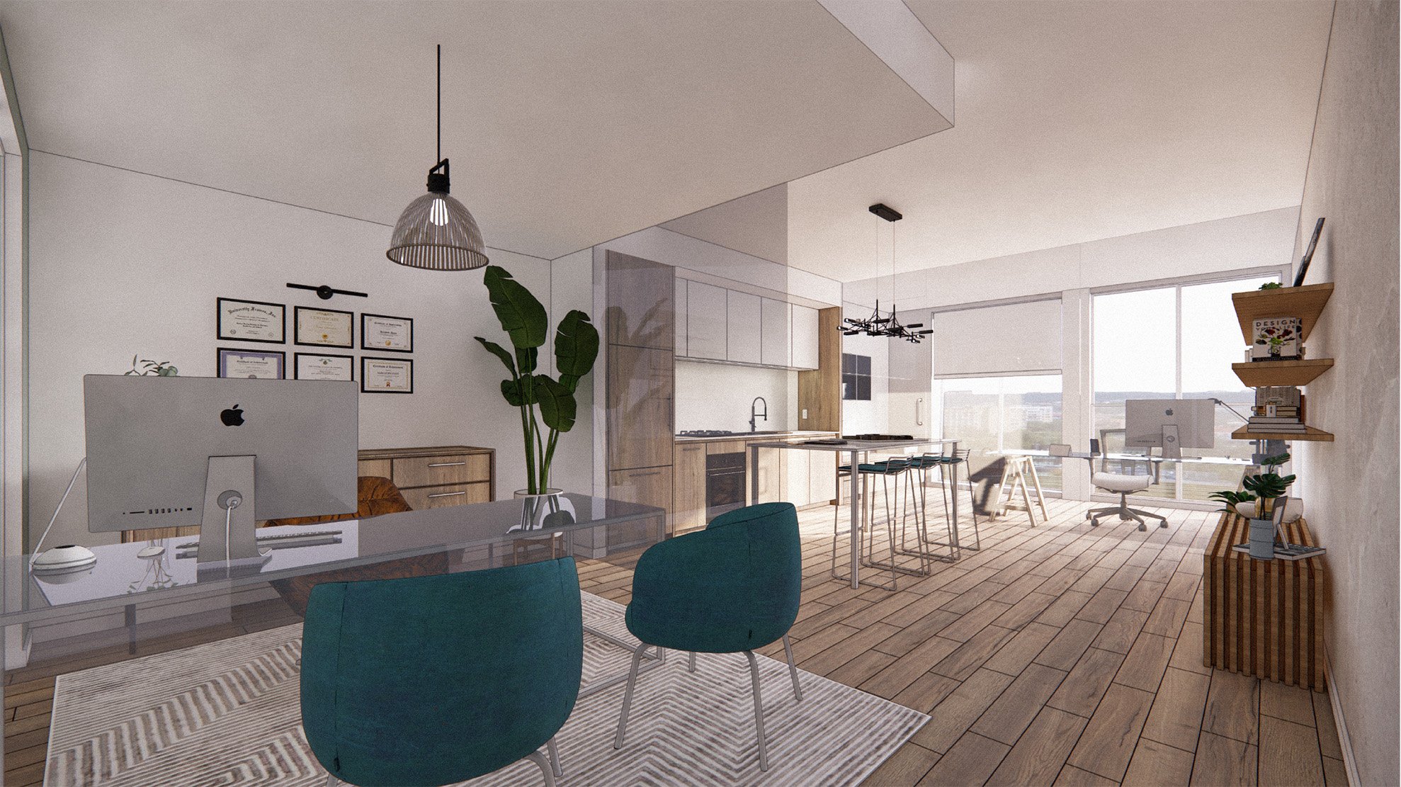 Modern office space with glass dividers and city view through large windows.