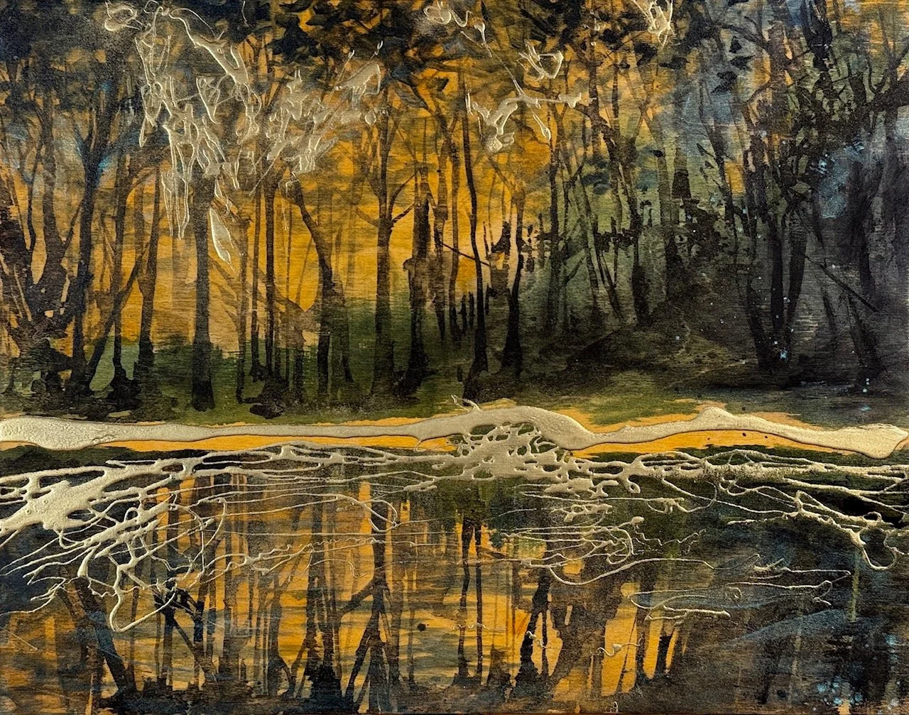 Sharlena Wood, Gilded Hour, 11” x 14",  Acrylic, Charcoal and Gold Dust on Birch Panel, $400