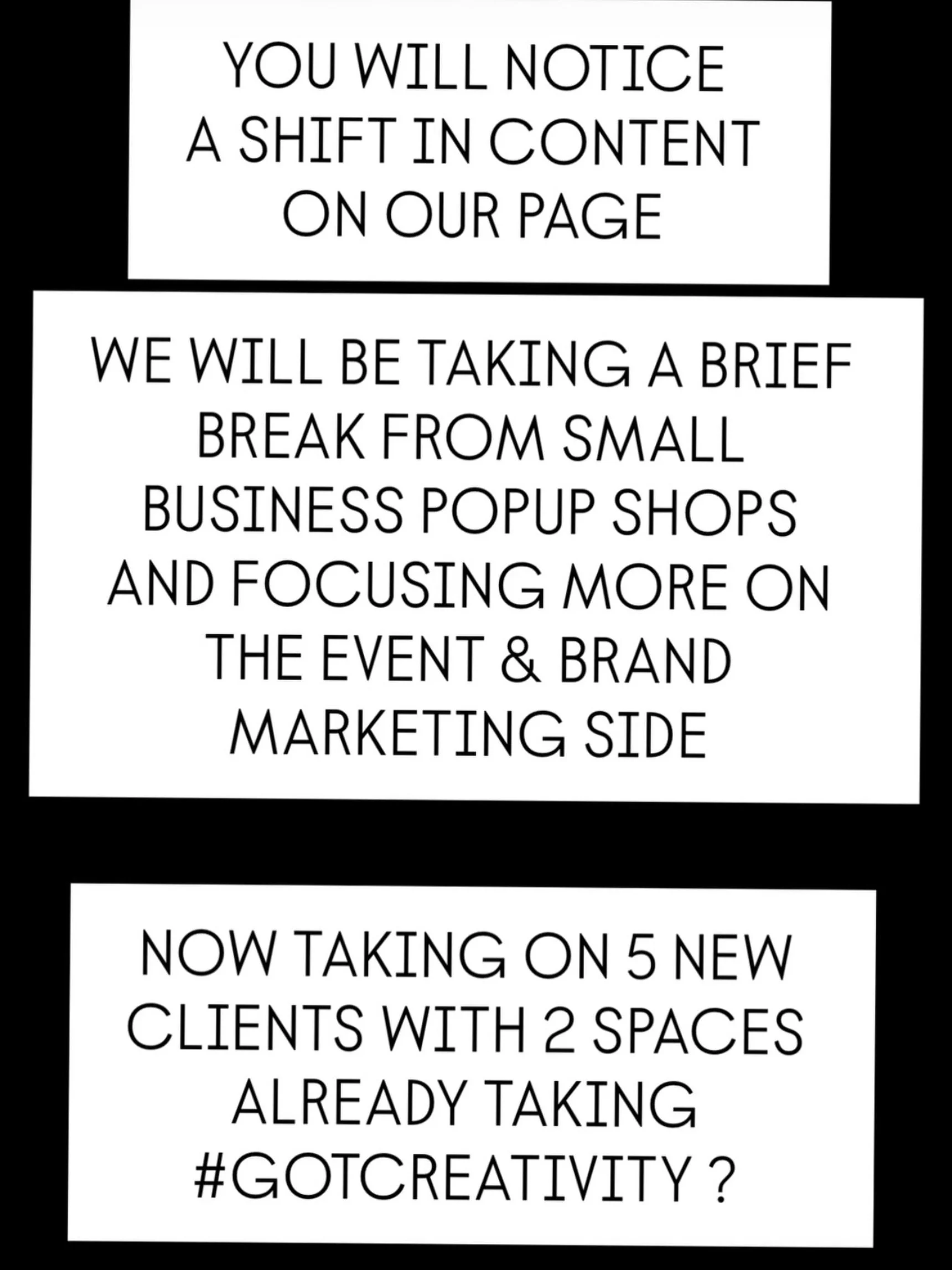 🎉 Exciting News from Creative MM Group! 🎉

Hello to our amazing pop-up community! We&rsquo;re taking a brief pause from hosting small business pop-up shops to focus on expanding our marketing services. We&rsquo;re thrilled to announce that we are n