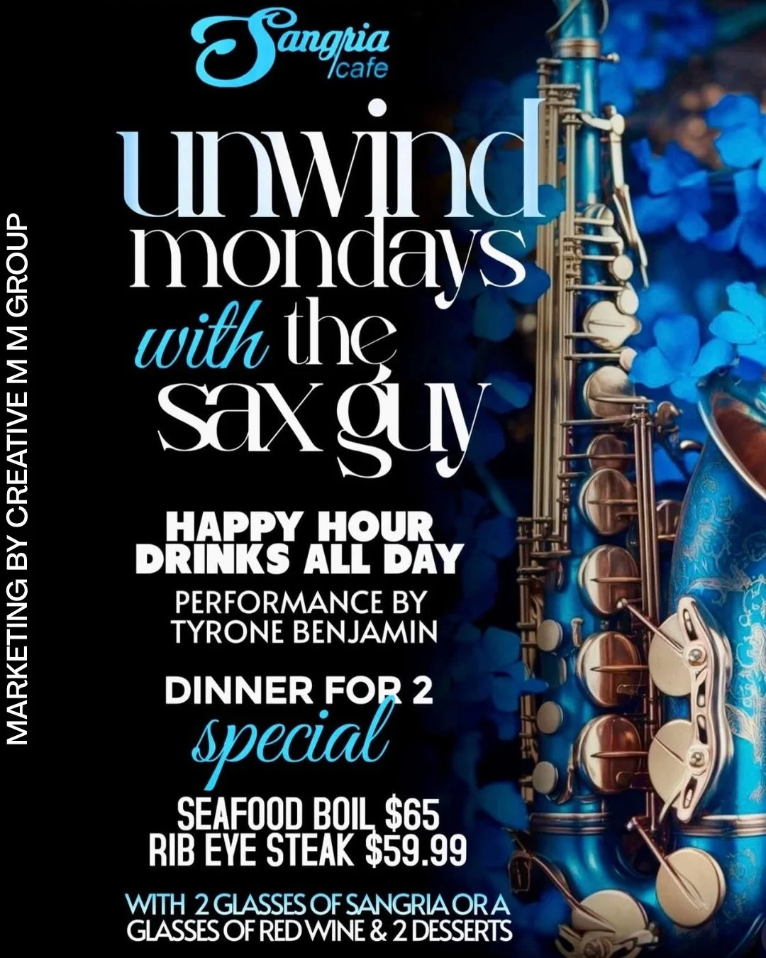 Unwind Mondays: Reserve Your Table Now! 

Kick off your week with fantastic deals at Unwind Mondays! Enjoy a relaxing evening filled with great food, drinks, and company. 

✨ Special Deals:
-Happy Hour All Night 🍹
- Dinner For 2 (Seafood Boil $65 Ri