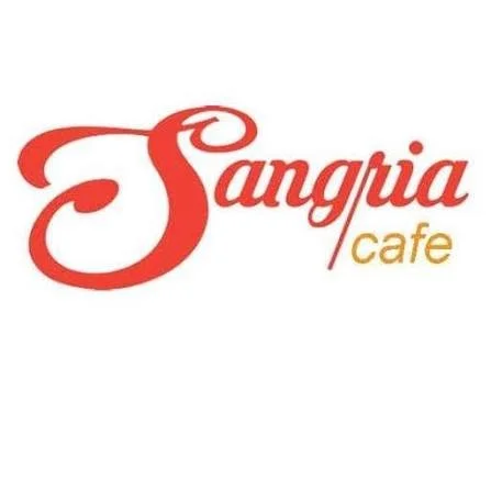 Logo for Sangria Cafe with stylized red text and a yellow 'cafe' on a white background.