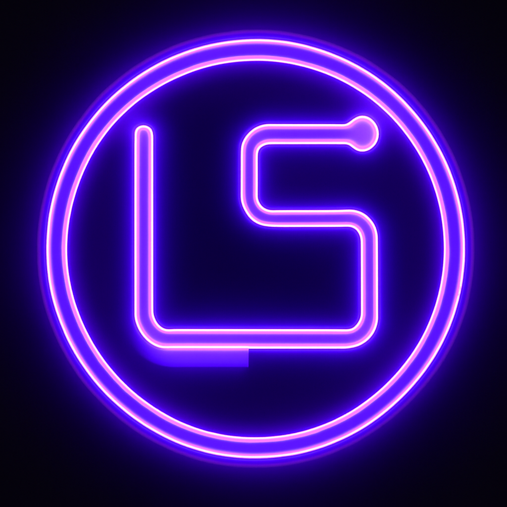 Neon sign with a stylized purple lowercase letter 'L' inside a circle, glowing against a dark background.