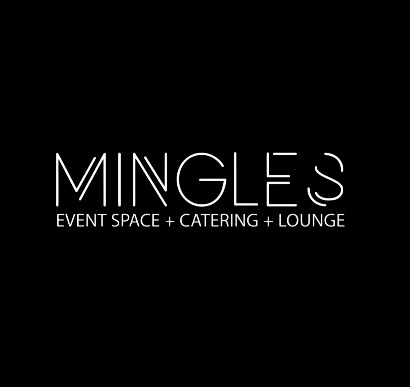 Mingles logo with text 'Event Space + Catering + Lounge' on black background.