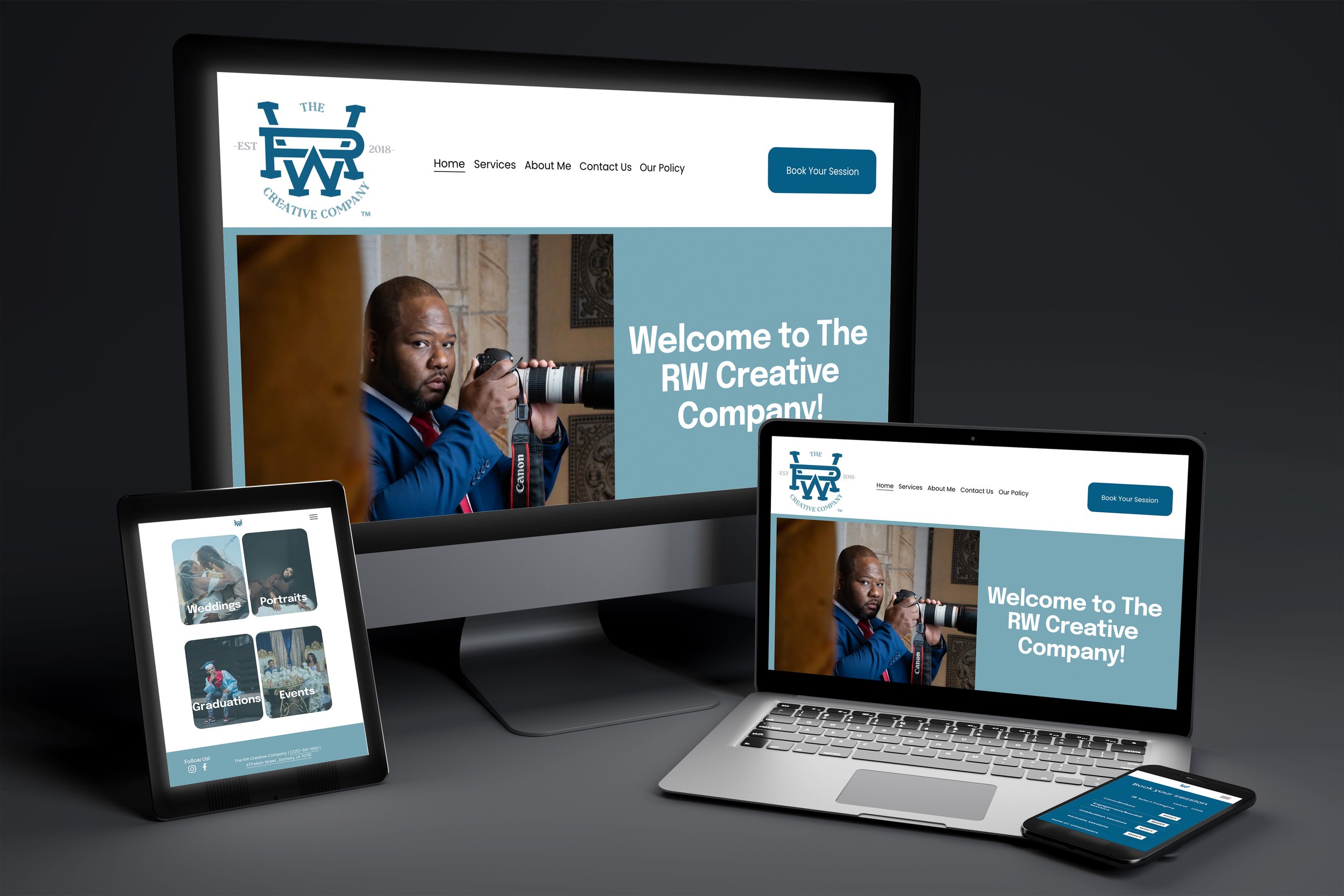Multiple devices displaying the homepage of The RW Creative Company website, including a desktop monitor, laptop, tablet, and smartphone, with the main screen showing a man holding a camera and the company's welcome message.