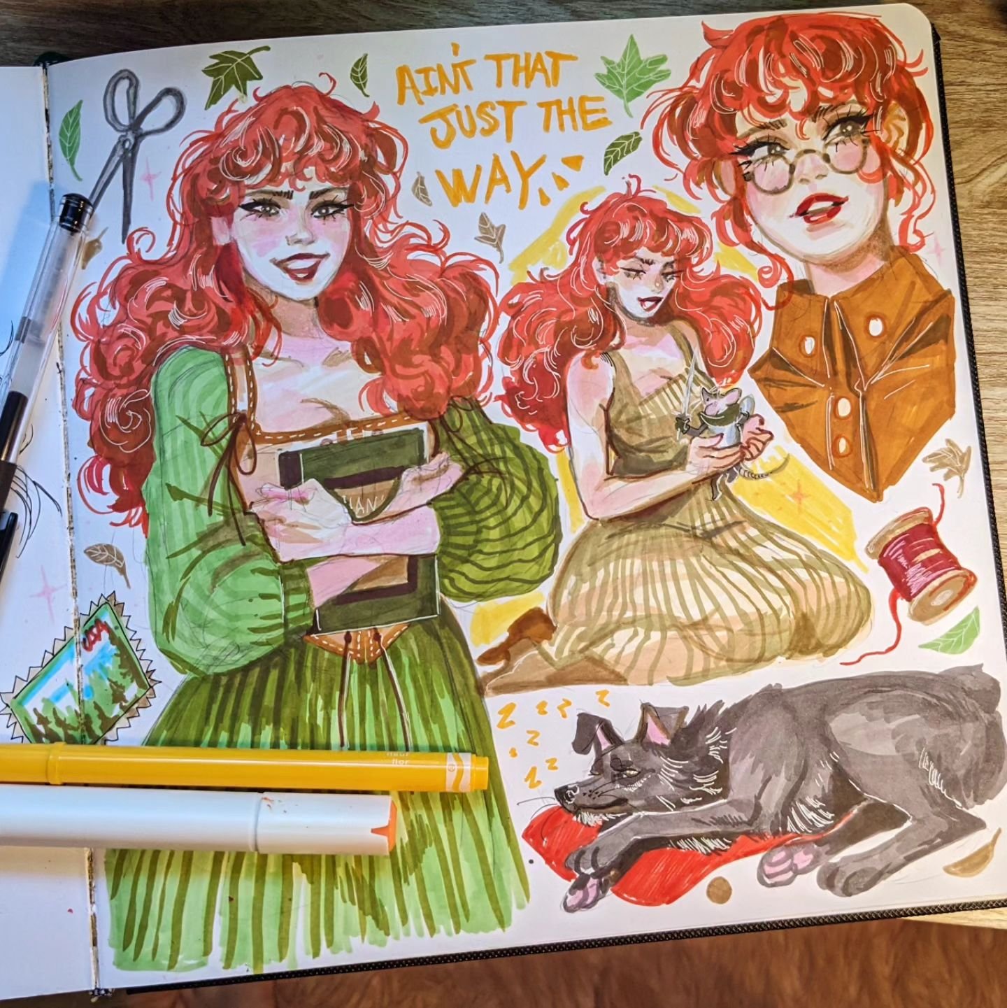 Lil @rachel.maksy page cause it was her birthday recently ✨ 

Her floofy red hair is so fun to draw 🥹💕 

#sketchbook #sketchbookspread #fanart #rachelmaksy #artistsoninstagram