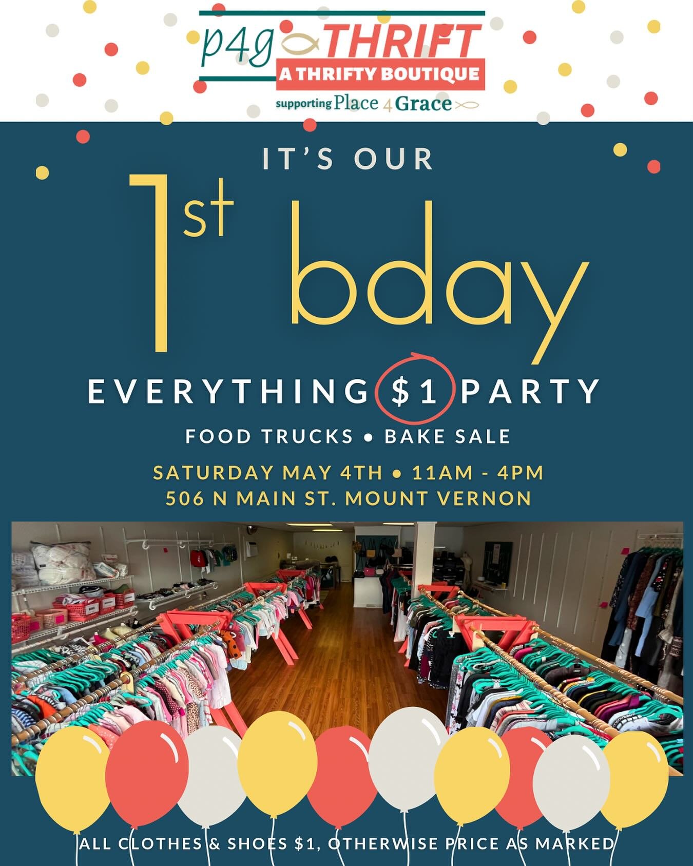 May 4th is gunna be a 🎉 PARTY 🎉 

All clothes and shoes will be $1 in celebration of our 1 year birthday of being open! 🤯 and we have so many cute summer fits out!

Food trucks, Bake sale, and amazing Deals - can&rsquo;t wait to see you there! 🥳
