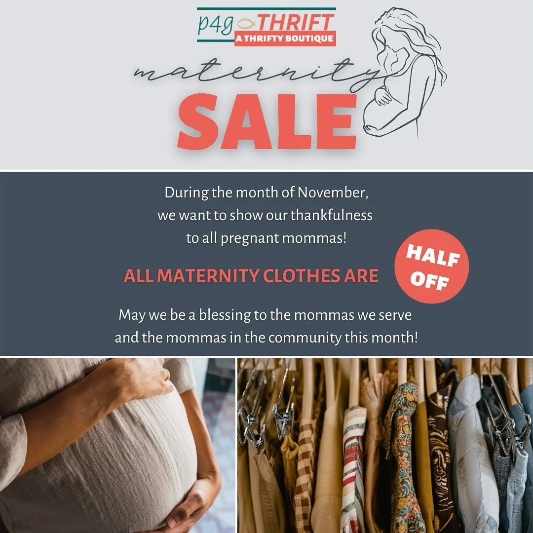 MATERNITY SALE 🤰🏽
We are so thankful for our mommas - to show our appreciation, all maternity clothes are HALF OFF during the month of November! 💗
🛍️ P4G Thrift
506 N Main St. Mount Vernon
.
.
.
.
@place4grace 
@p4g_thrift 
#place4grace #p4gt
